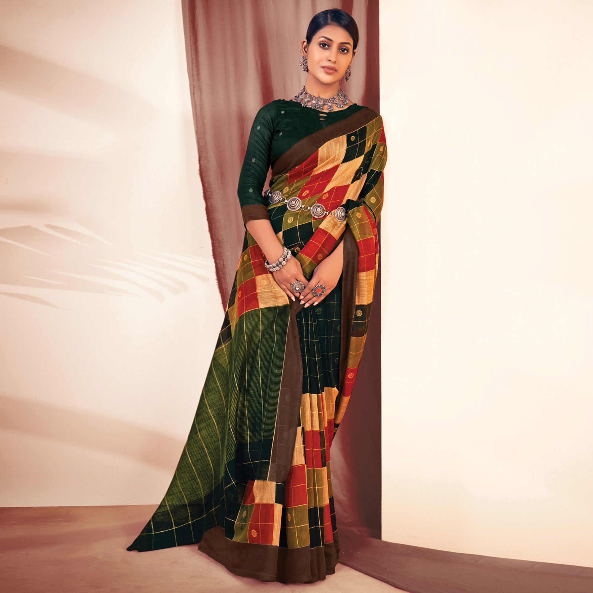 Green Checks Printed Cotton Blend Saree