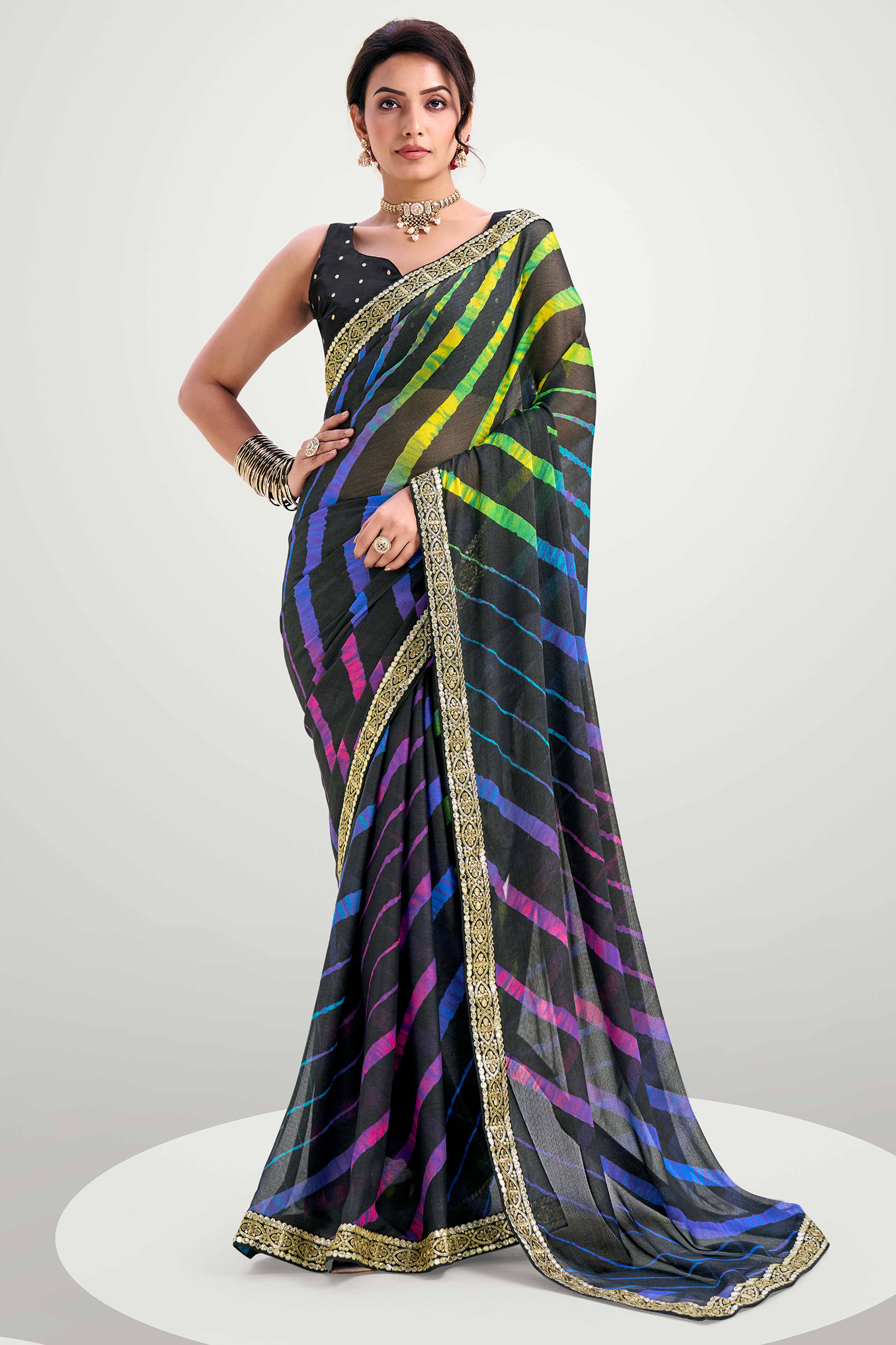 Black Striped Printed Chiffon Saree Enhanced With Sparkling Sequins Embroidered Border Work