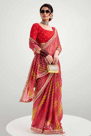Bright Red Striped Printed Chiffon Saree Enhanced With Sparkling Sequins Embroidered Border Work