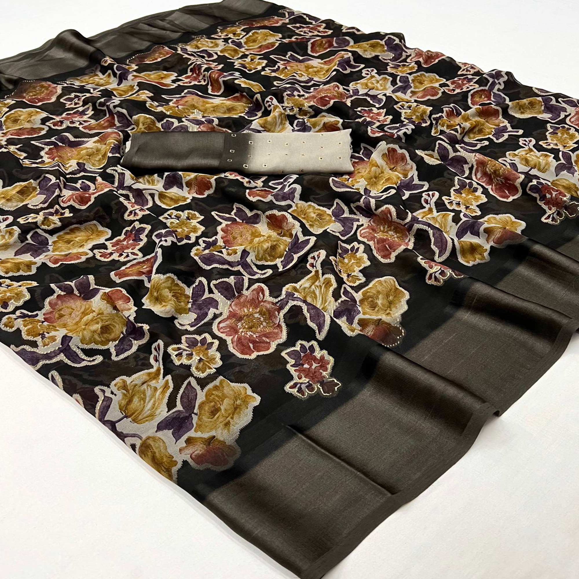 Black Floral Foil Printed Cotton Silk Saree