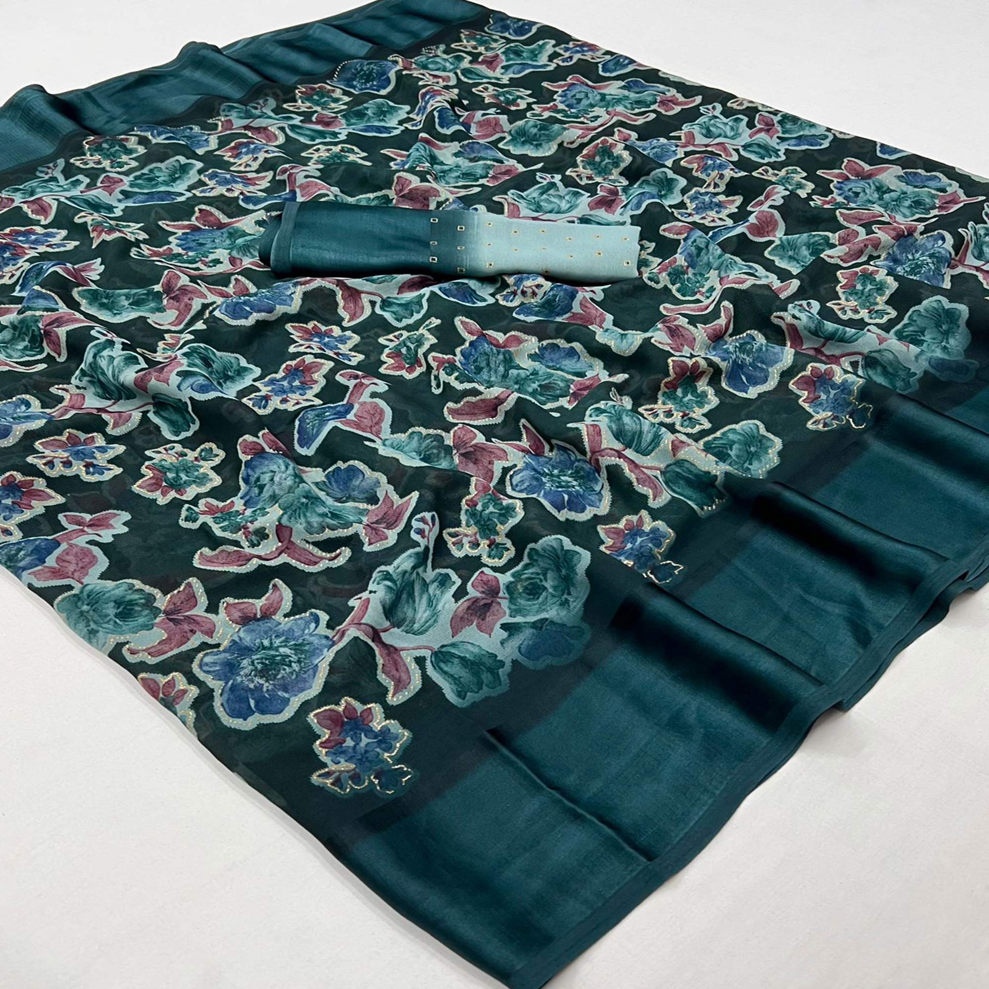 Teal Floral Foil Printed Cotton Silk Saree