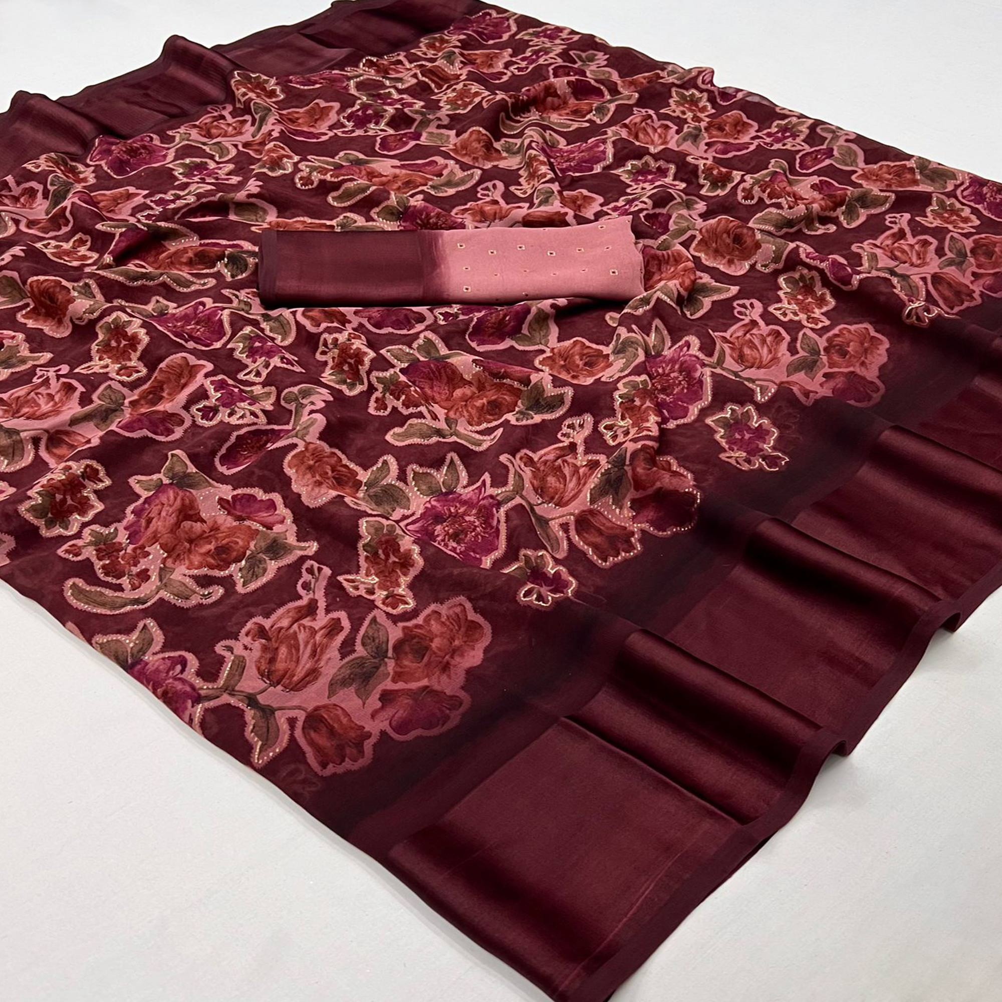 Maroon Floral Foil Printed Cotton Silk Saree