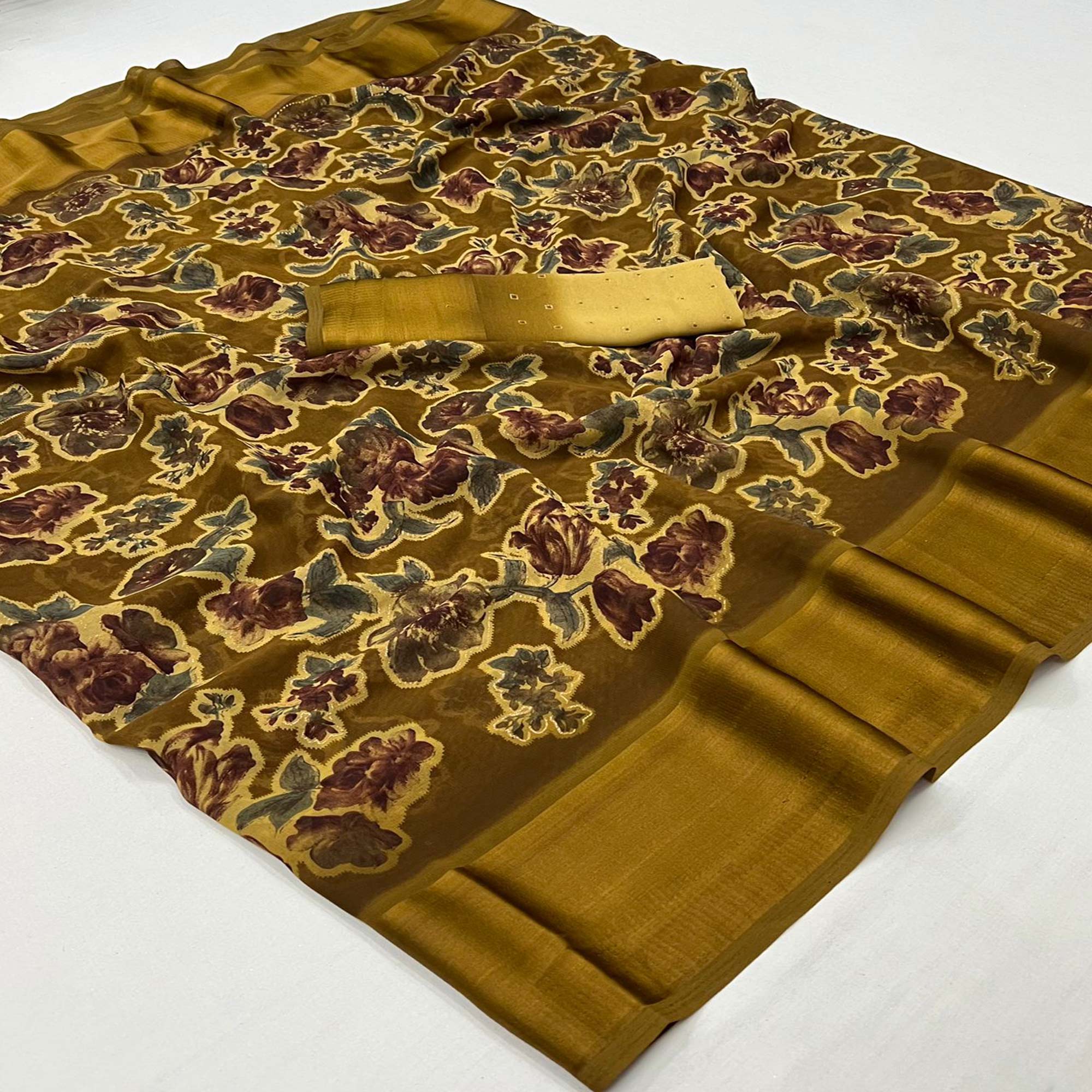 Olive Floral Foil Printed Cotton Silk Saree