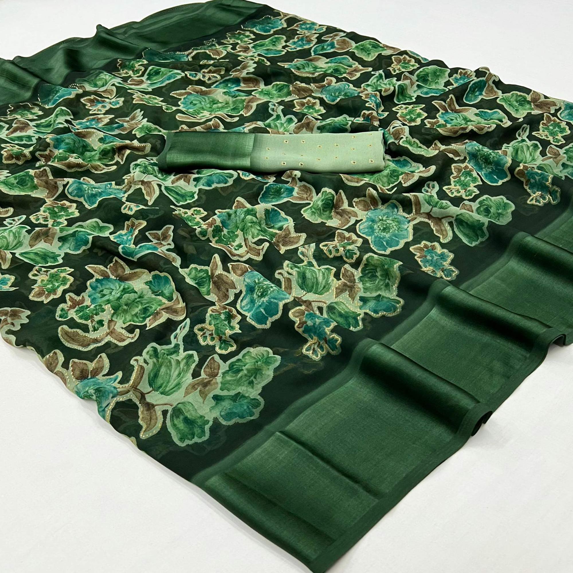 Green Floral Foil Printed Cotton Silk Saree
