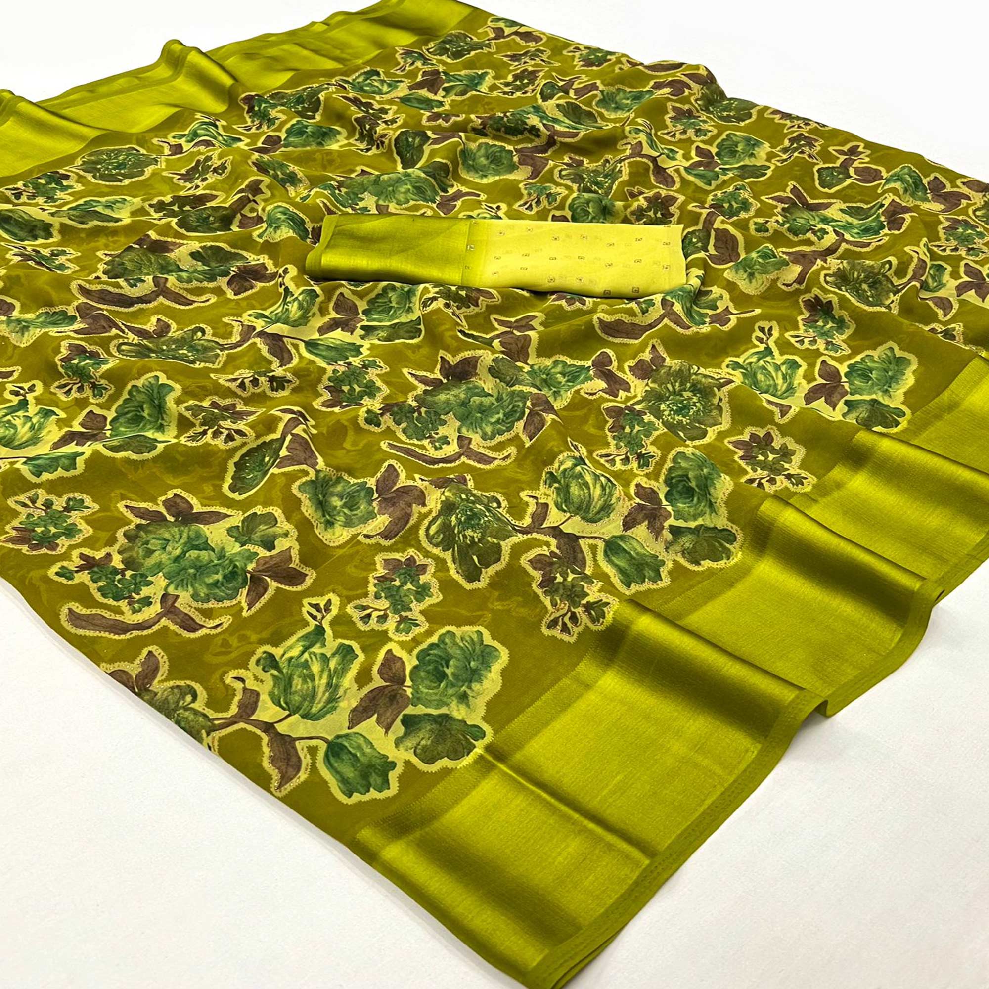 Lime Green Floral Foil Printed Cotton Silk Saree