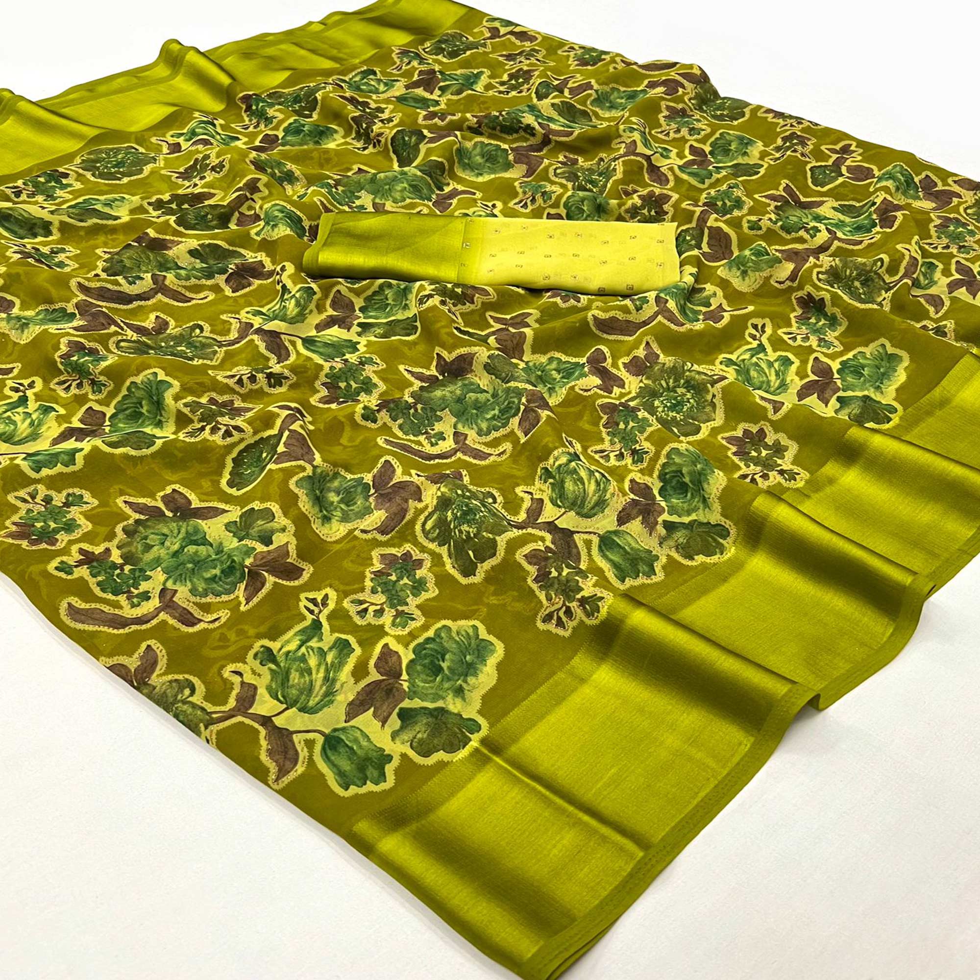 Lime Green Satin Silk Readymade/Easy Saree