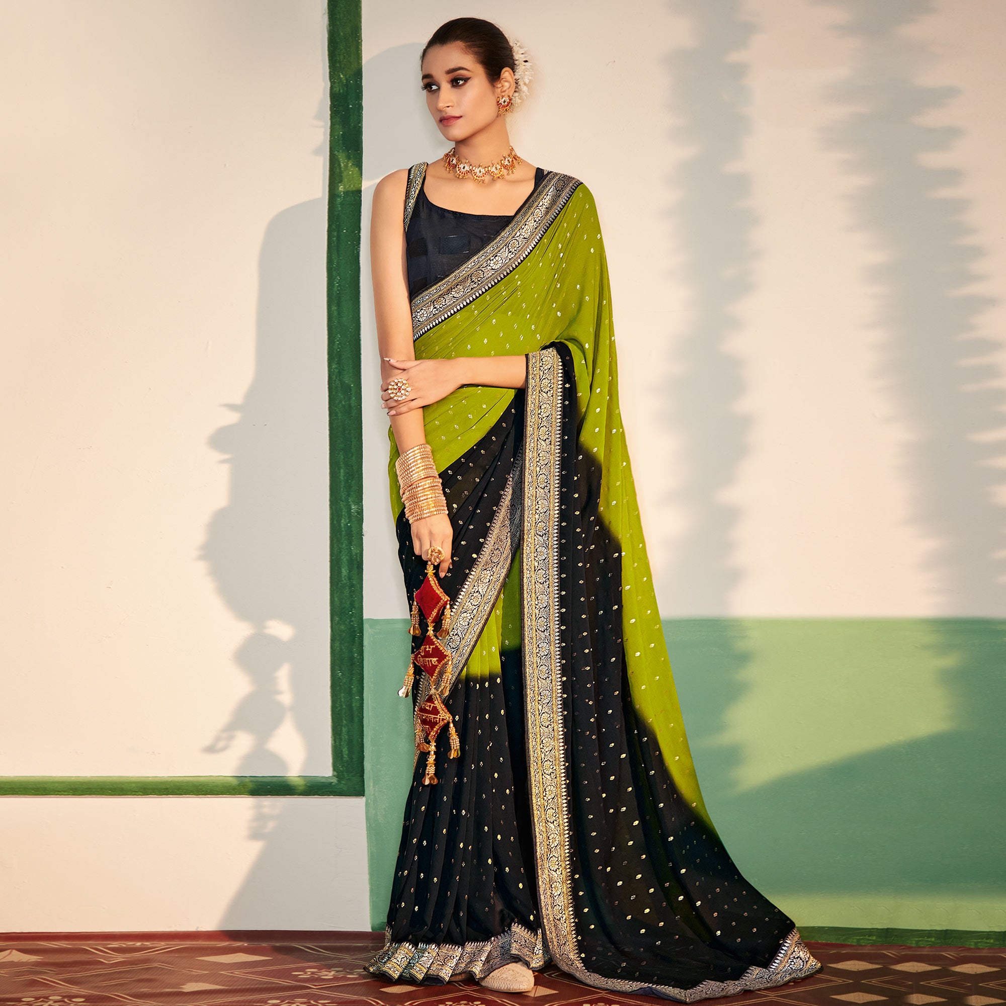Green & Black Foil Printed Georgette Saree