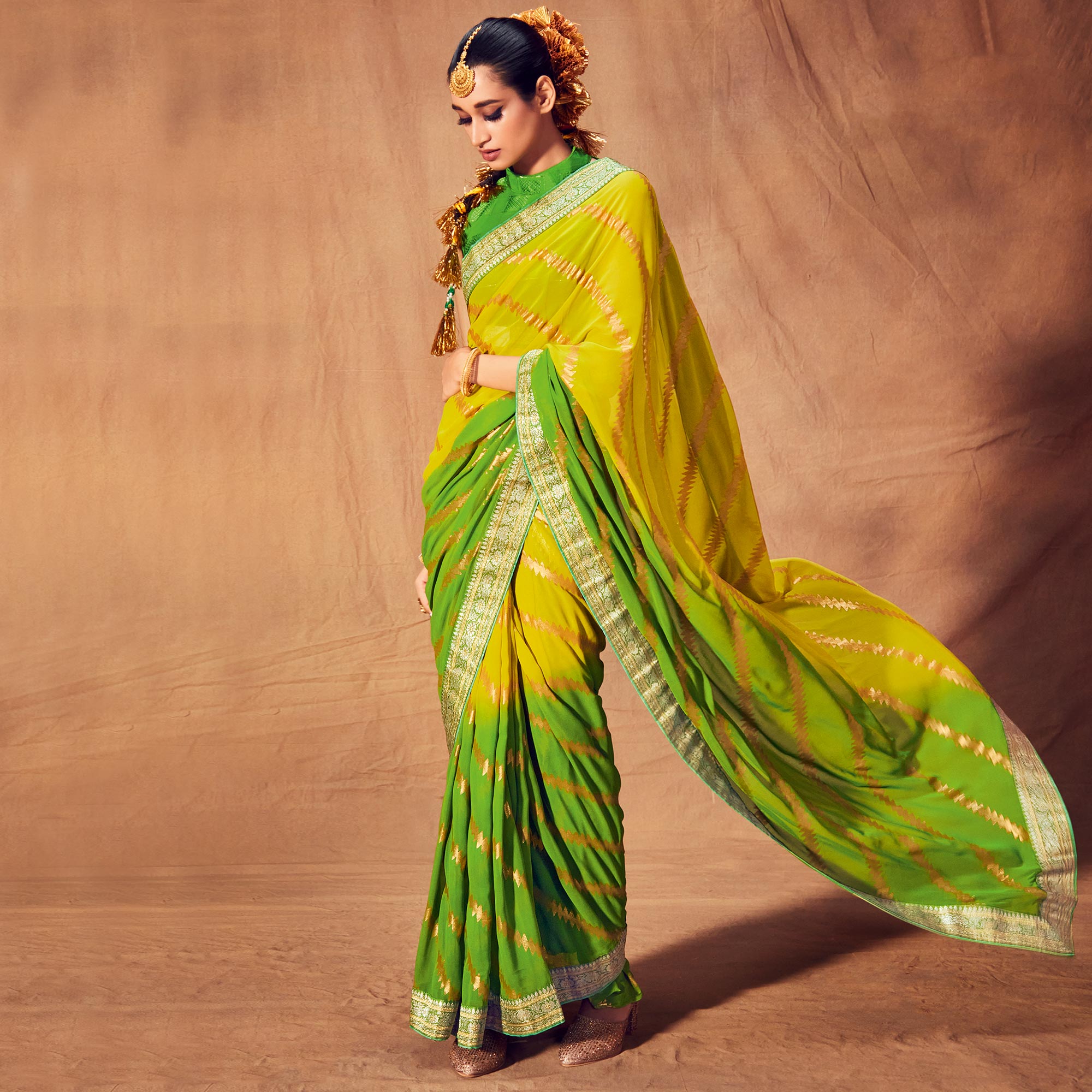 Yellow & Green Foil Printed Georgette Saree
