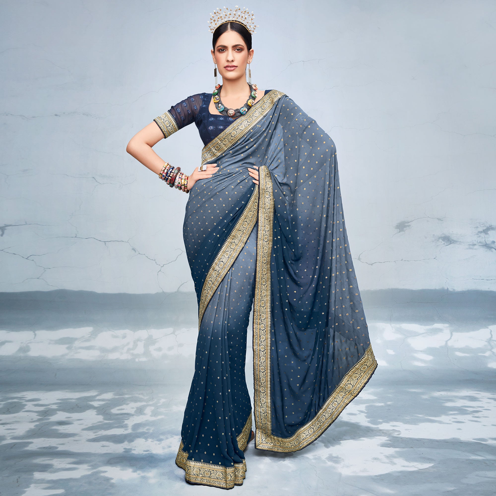 Grey & Blue Foil Printed Georgette Saree