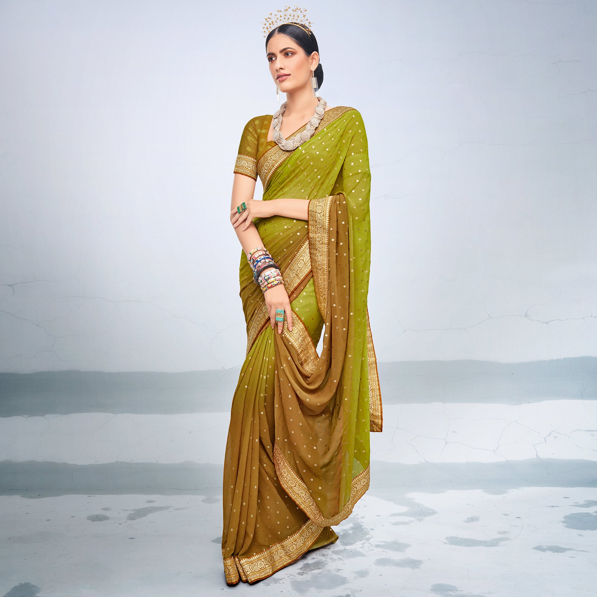 Green & Brown Foil Printed Georgette Saree