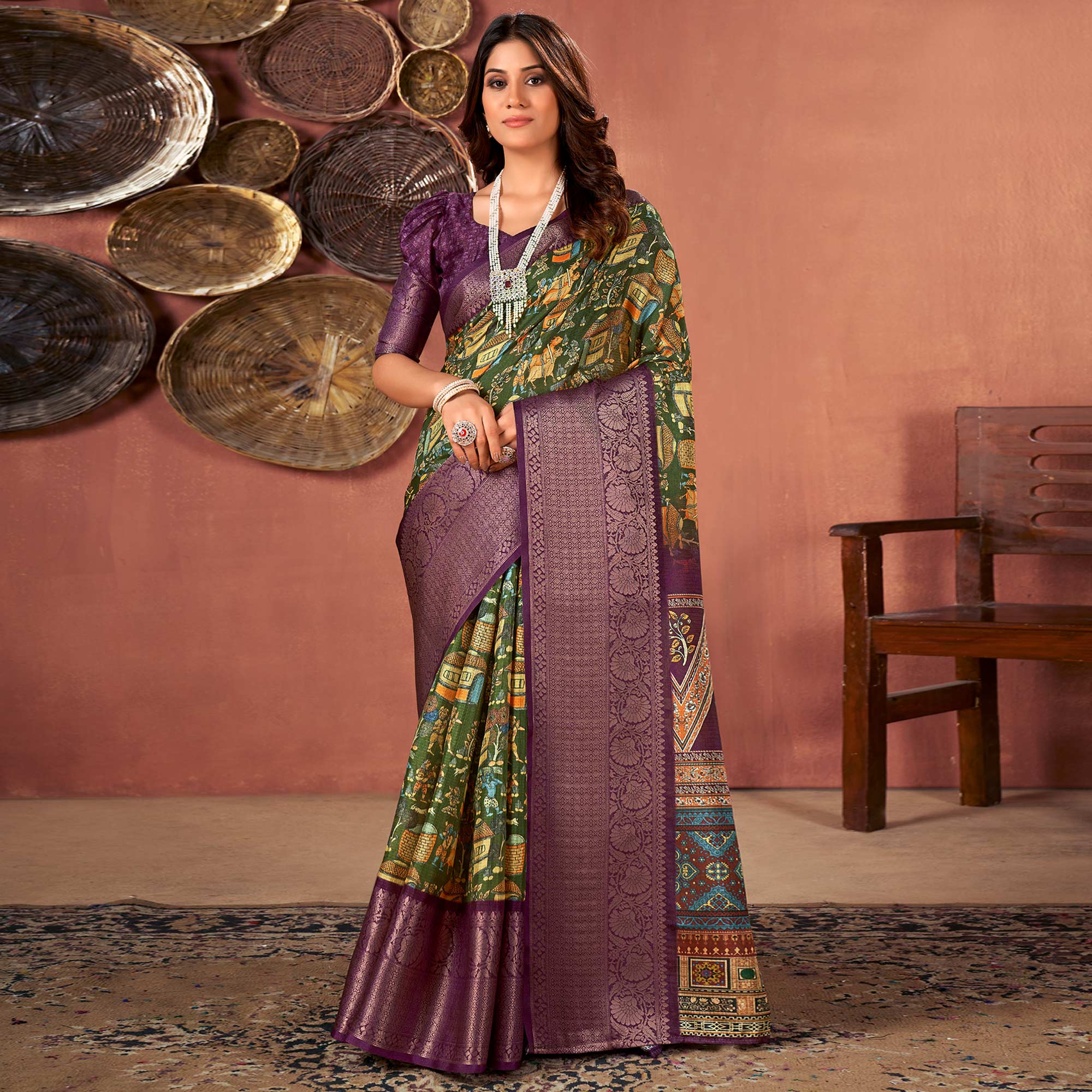 Green & Wine Printed With Woven Border Kota Doria Saree