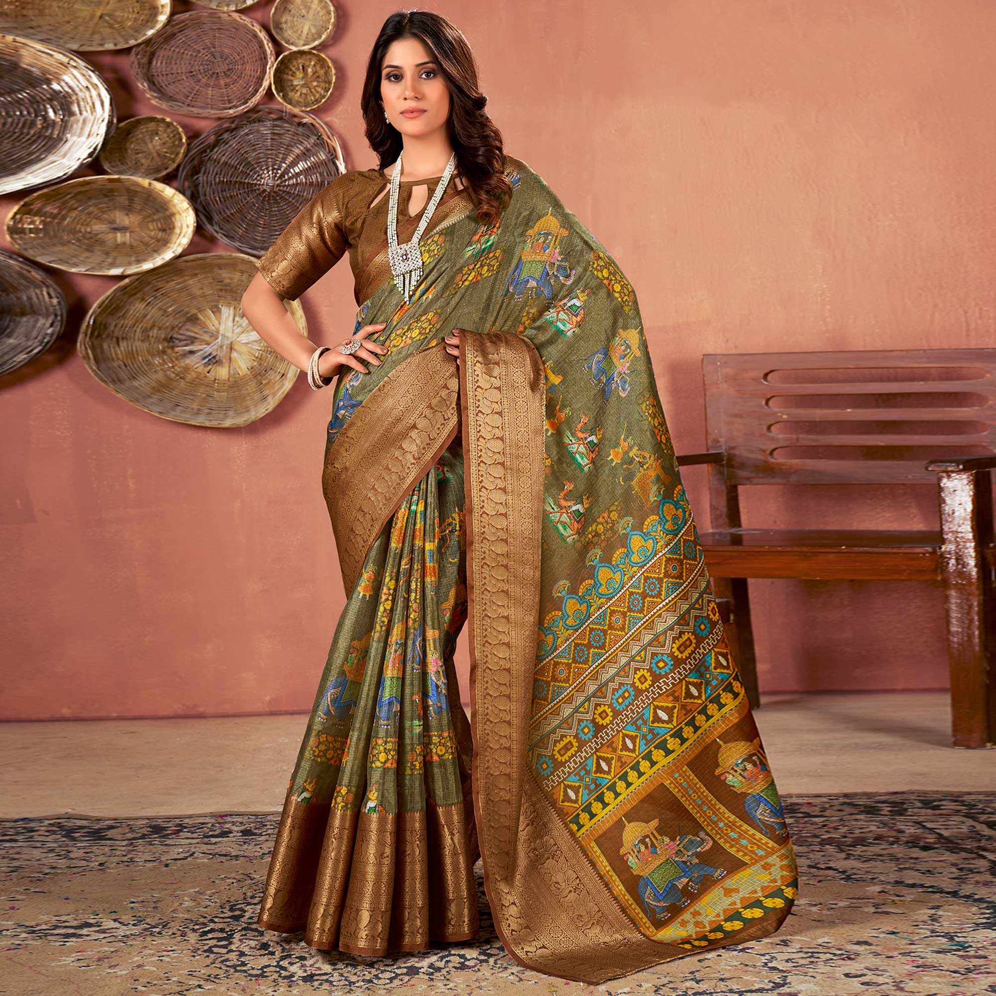 Olive & Brown Printed With Woven Border Kota Doria Saree