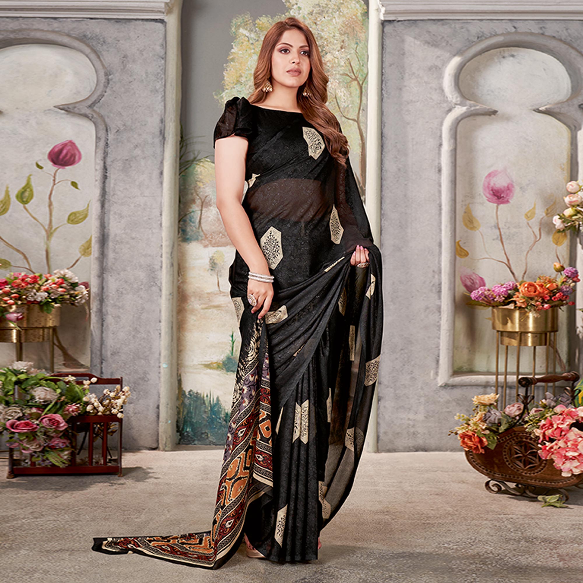 Black Floral Printed Chiffon Saree