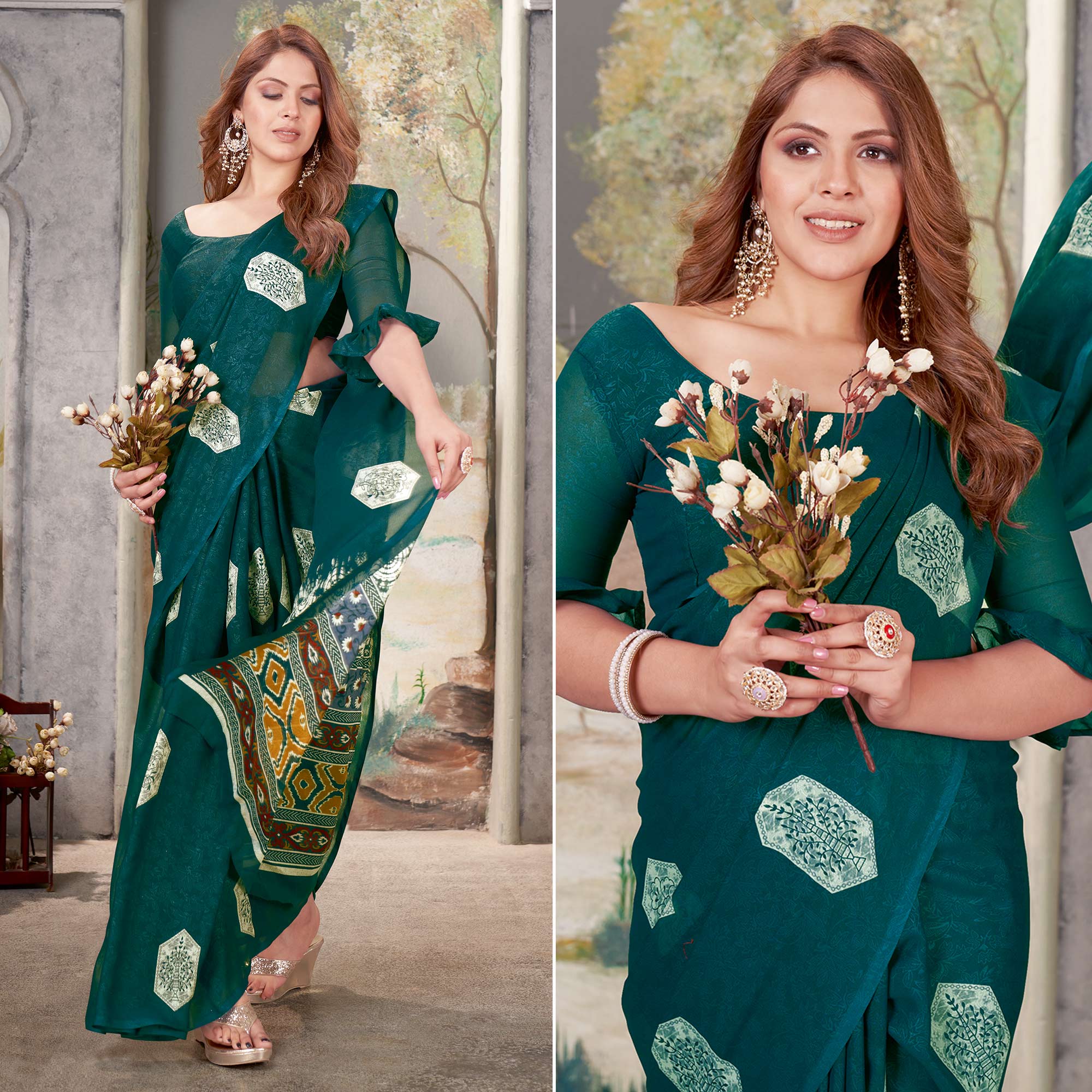 Teal Floral Printed Chiffon Saree