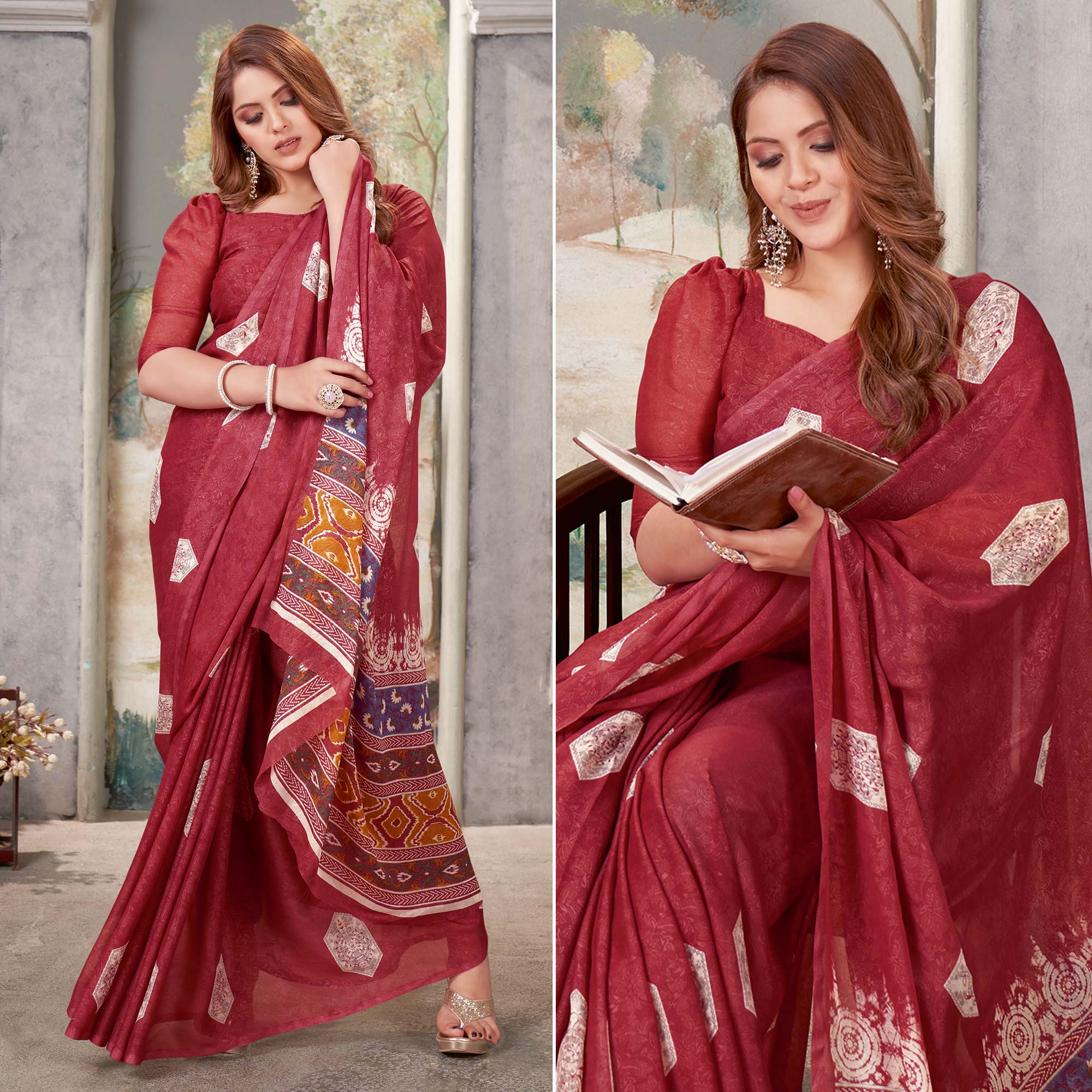 Maroon Floral Printed Chiffon Saree