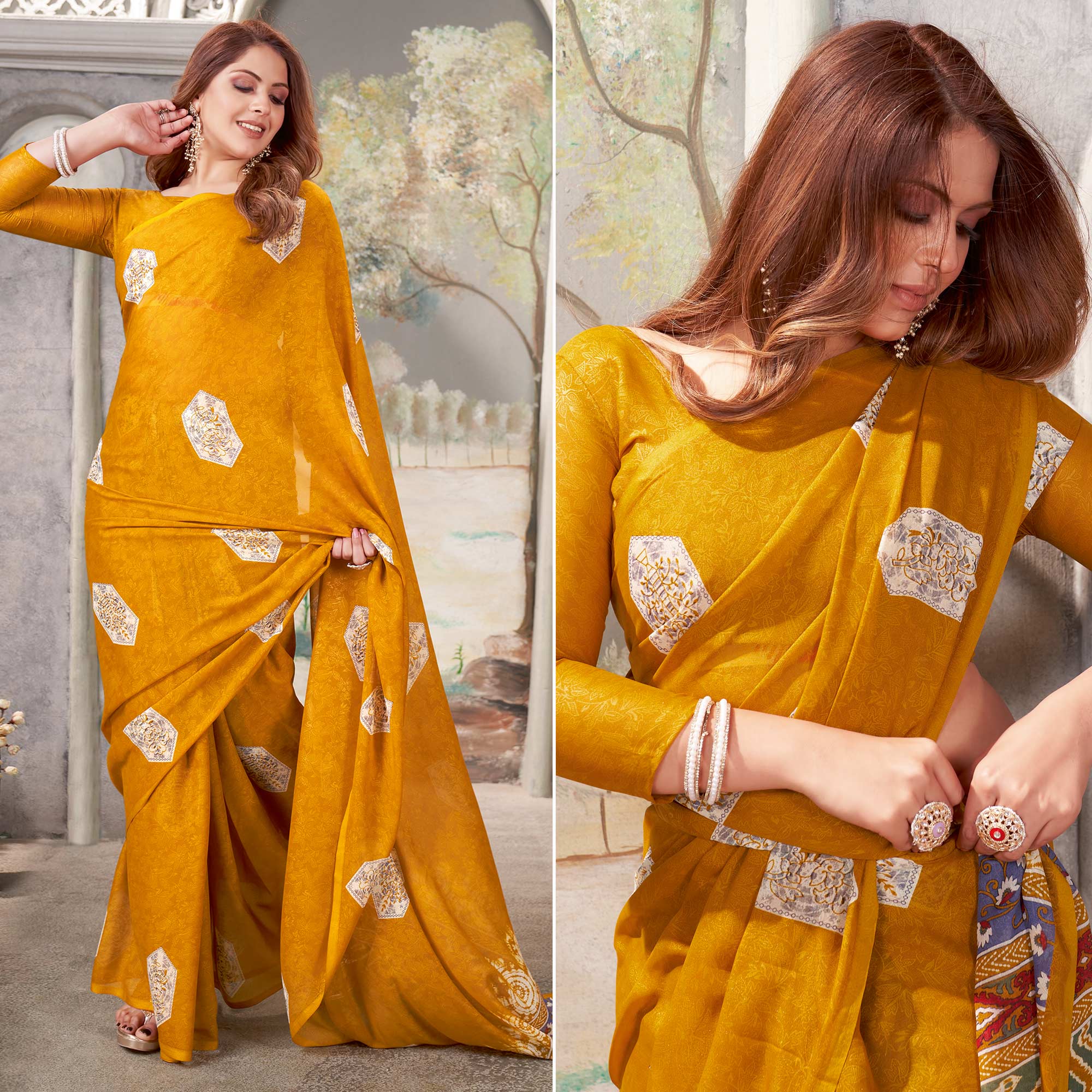 Mustard Floral Printed Chiffon Saree
