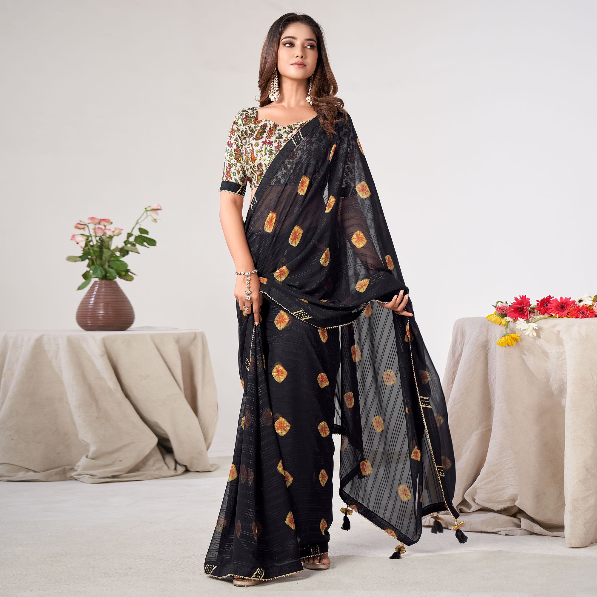 Black Printed Georgette Saree With Lace Work