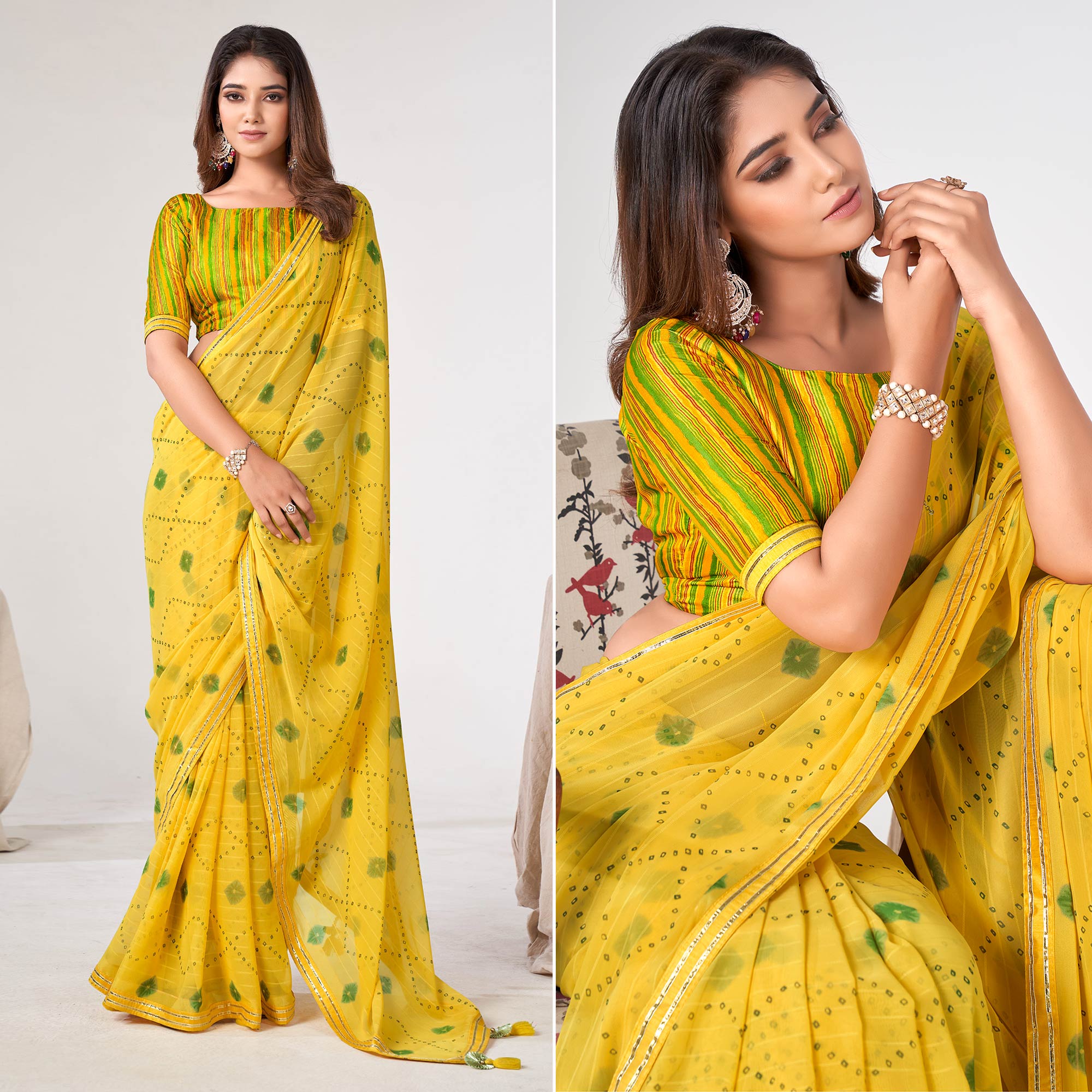 Yellow Printed Georgette Saree With Lace Work