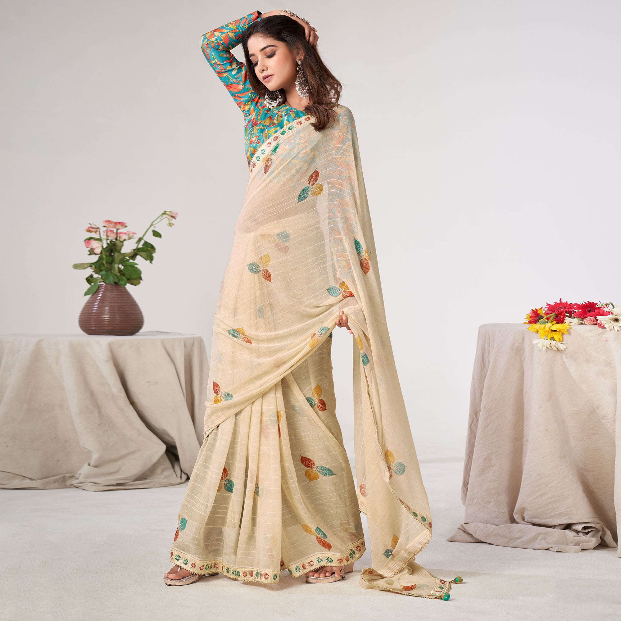 Beige Printed Georgette Saree With Lace Work