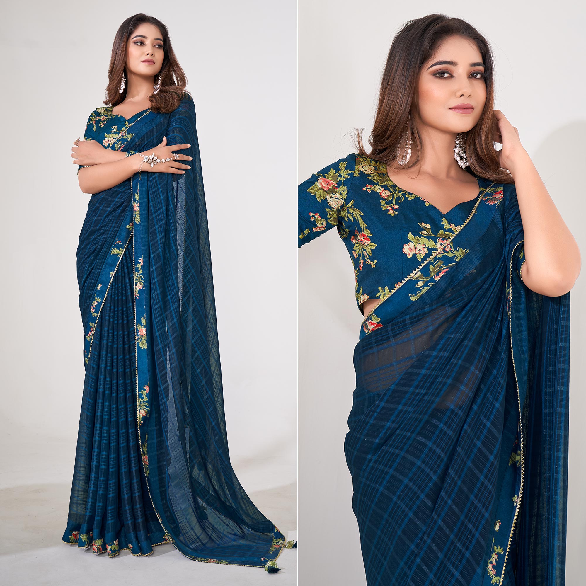 Blue Printed Georgette Saree With Lace Work