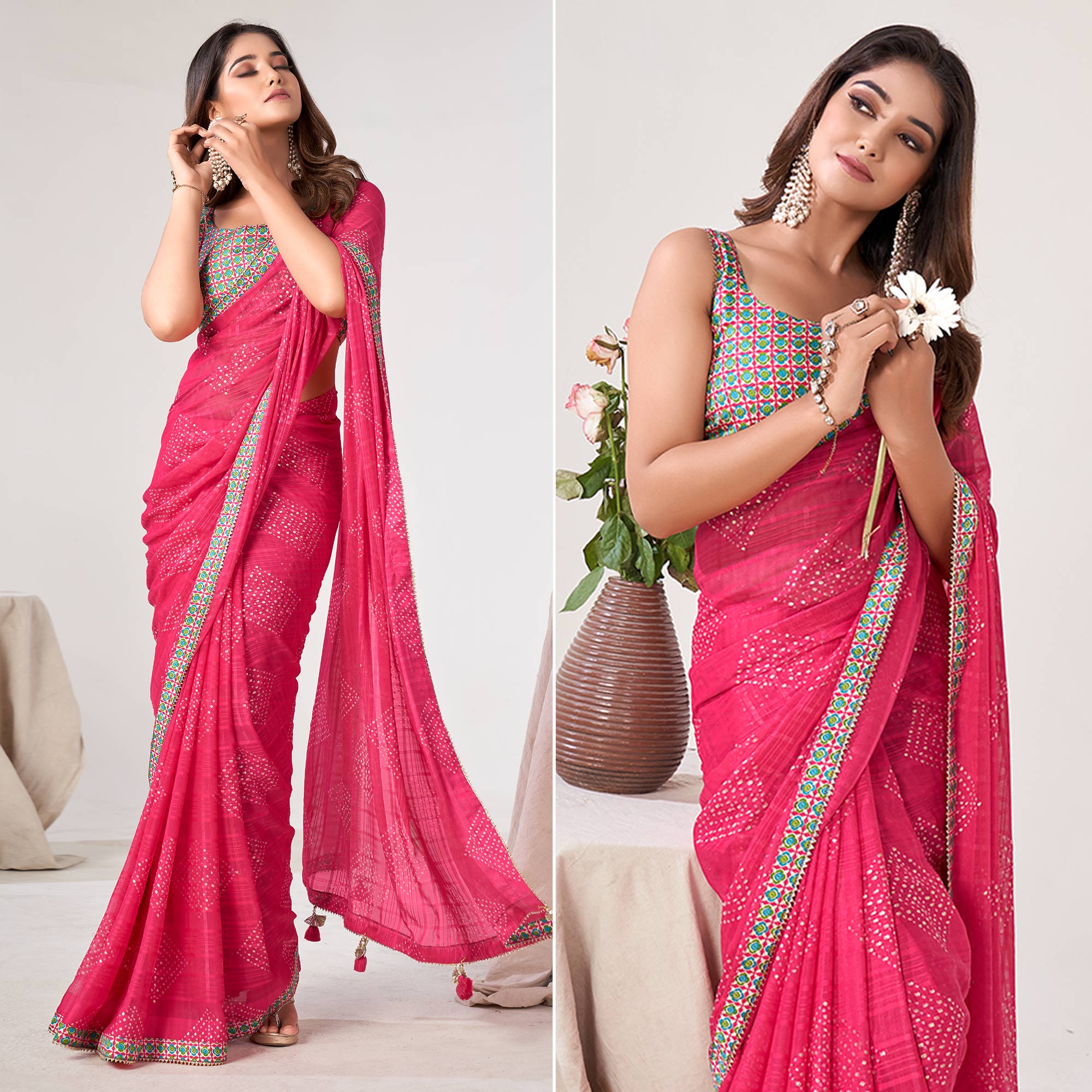 Pink Printed Georgette Saree With Lace Work