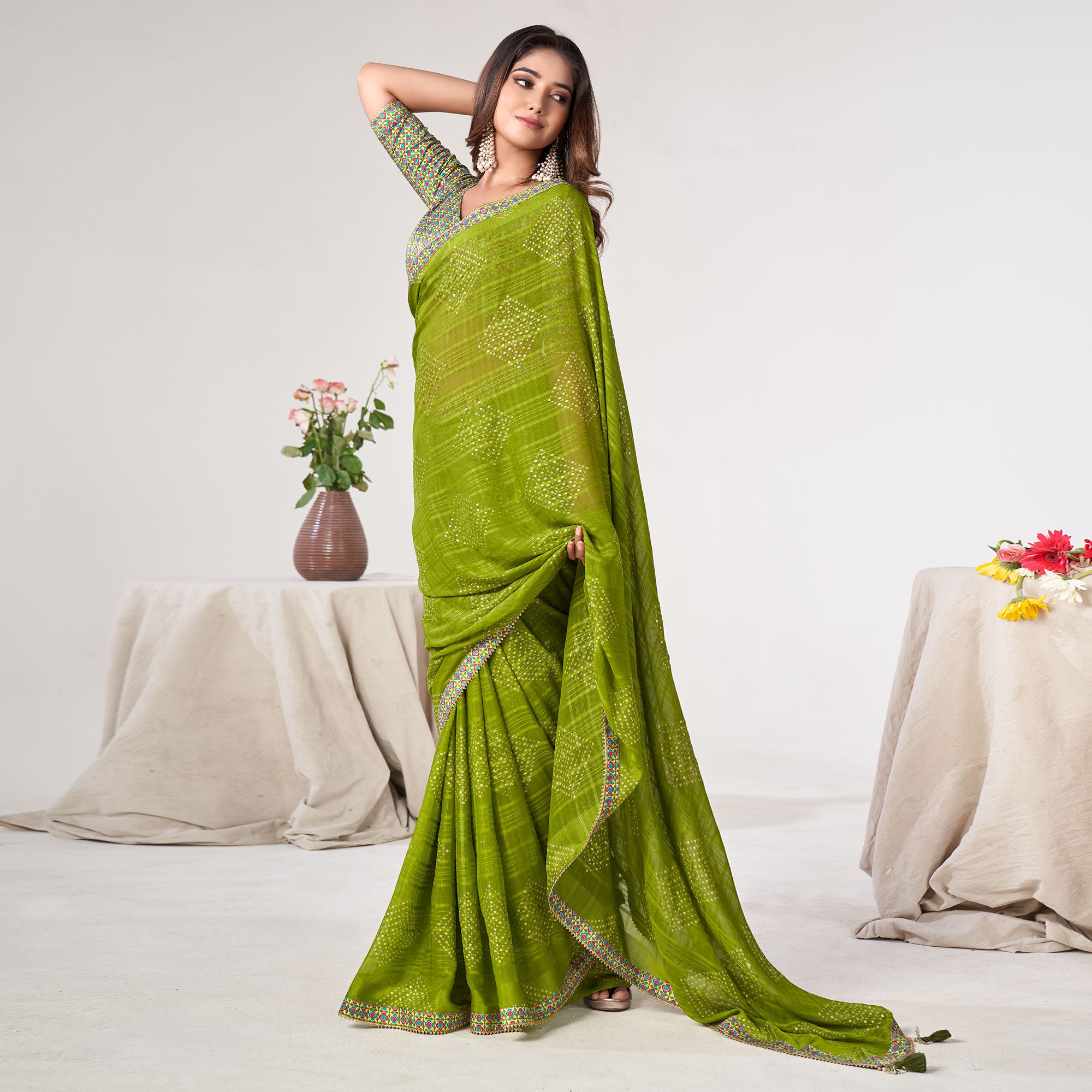 Green Printed Georgette Saree With Lace Work