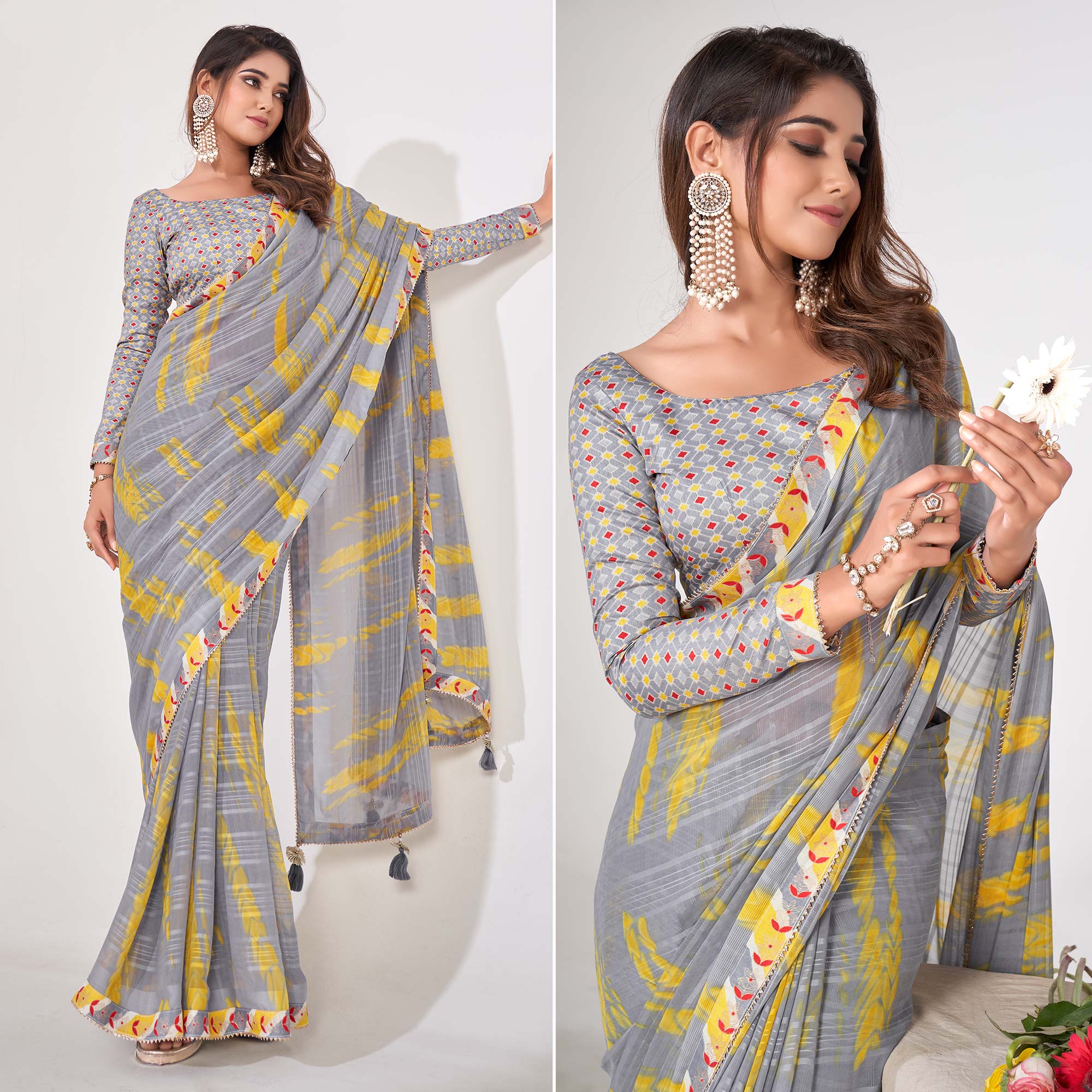 Grey Printed Georgette Saree With Lace Work