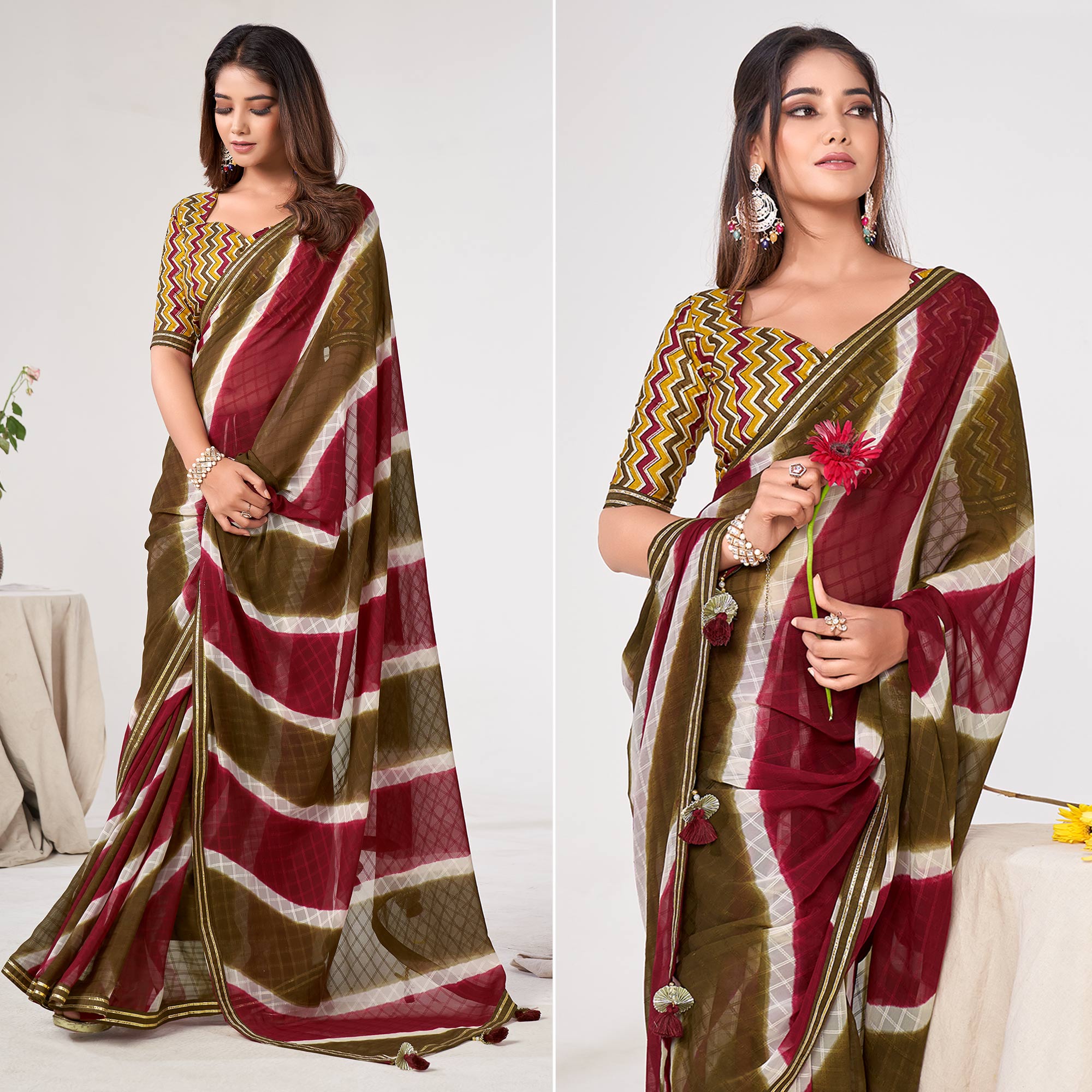 Multicolor Printed Georgette Saree With Lace Work