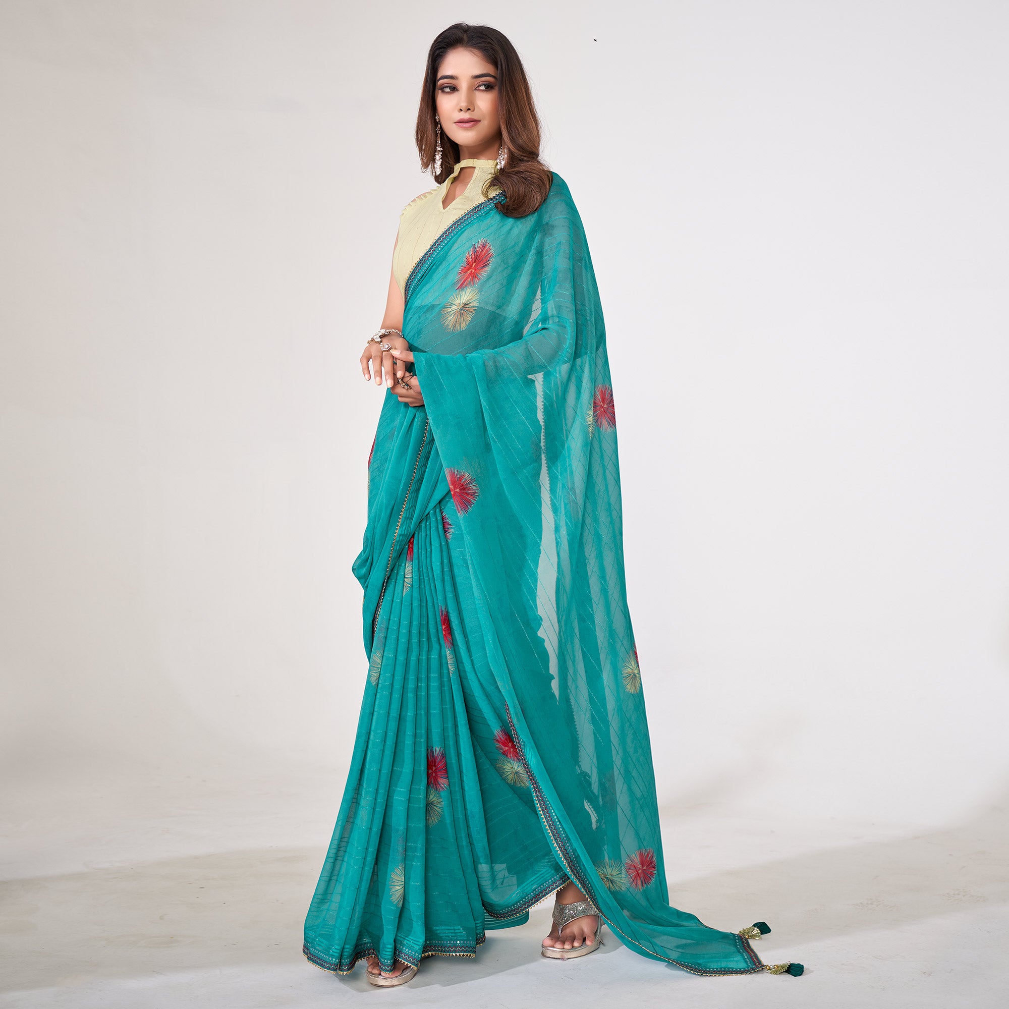 Turquoise Printed Georgette Saree With Lace Work