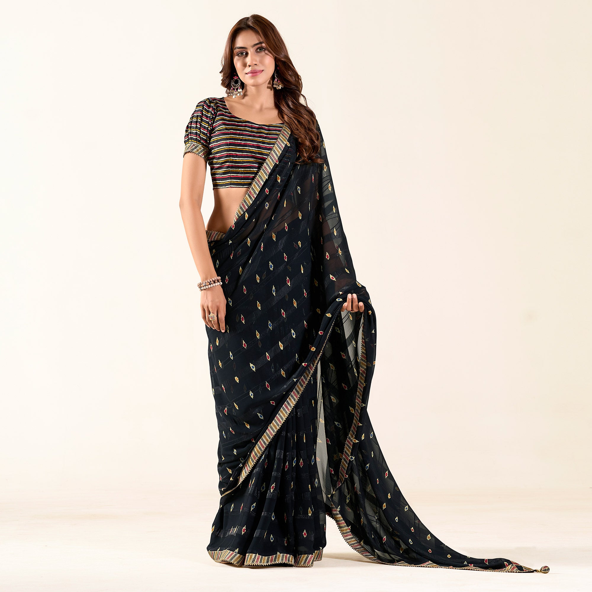 Black Printed With Woven Georgette Saree With Tassels