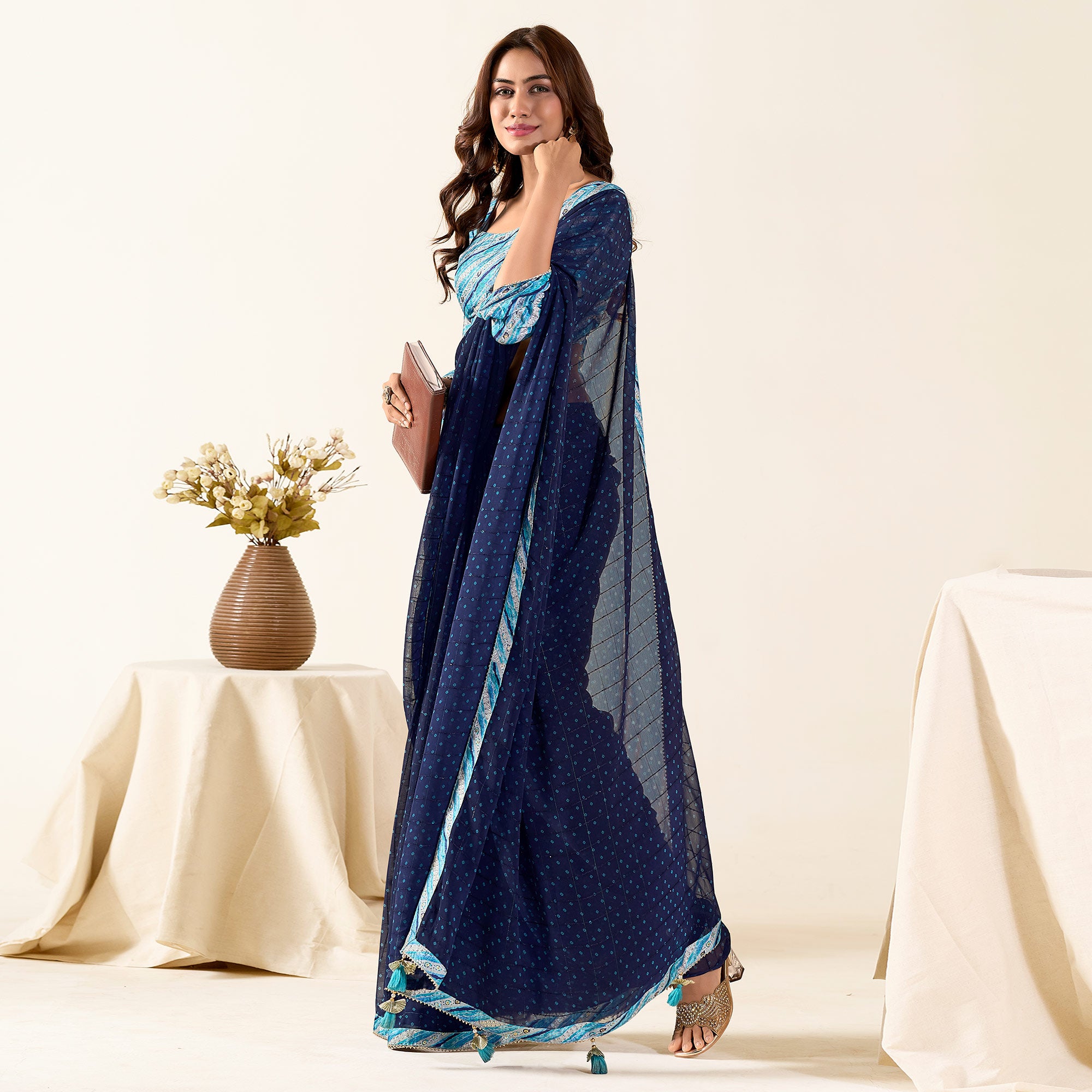 Blue Printed With Woven Georgette Saree With Tassels