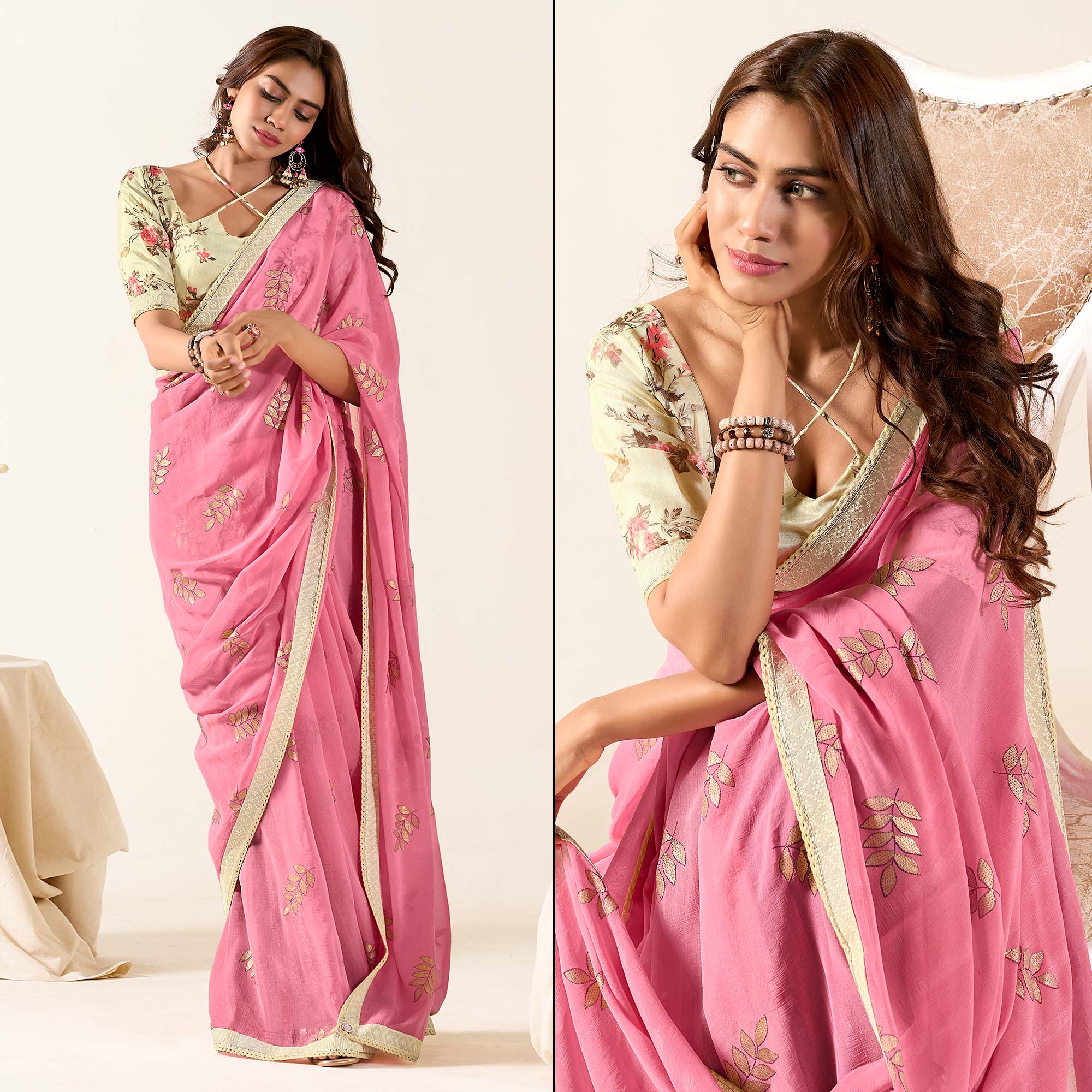 Pink Printed With Woven Georgette Saree With Tassels