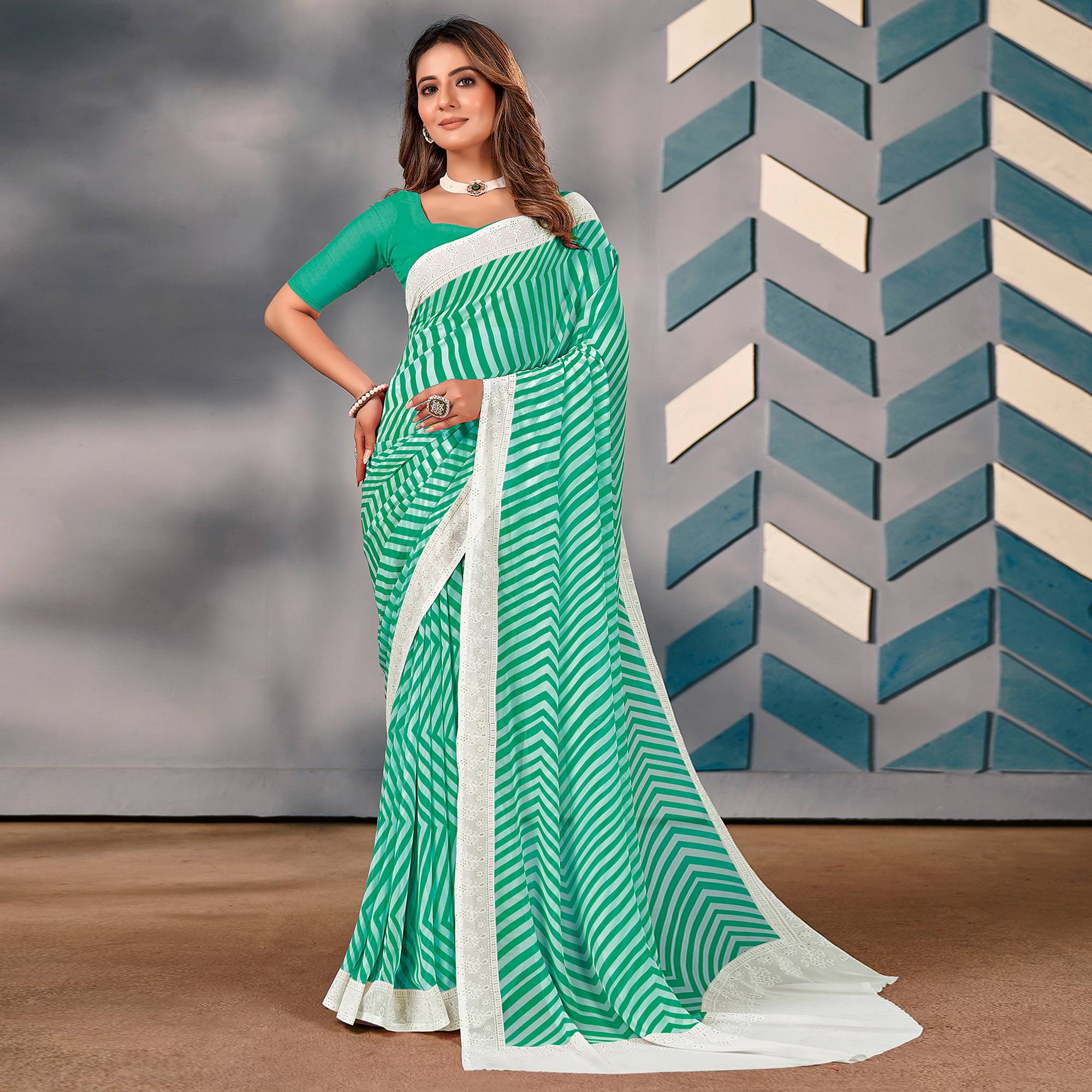 Sea Green Striped Printed Georgette Saree