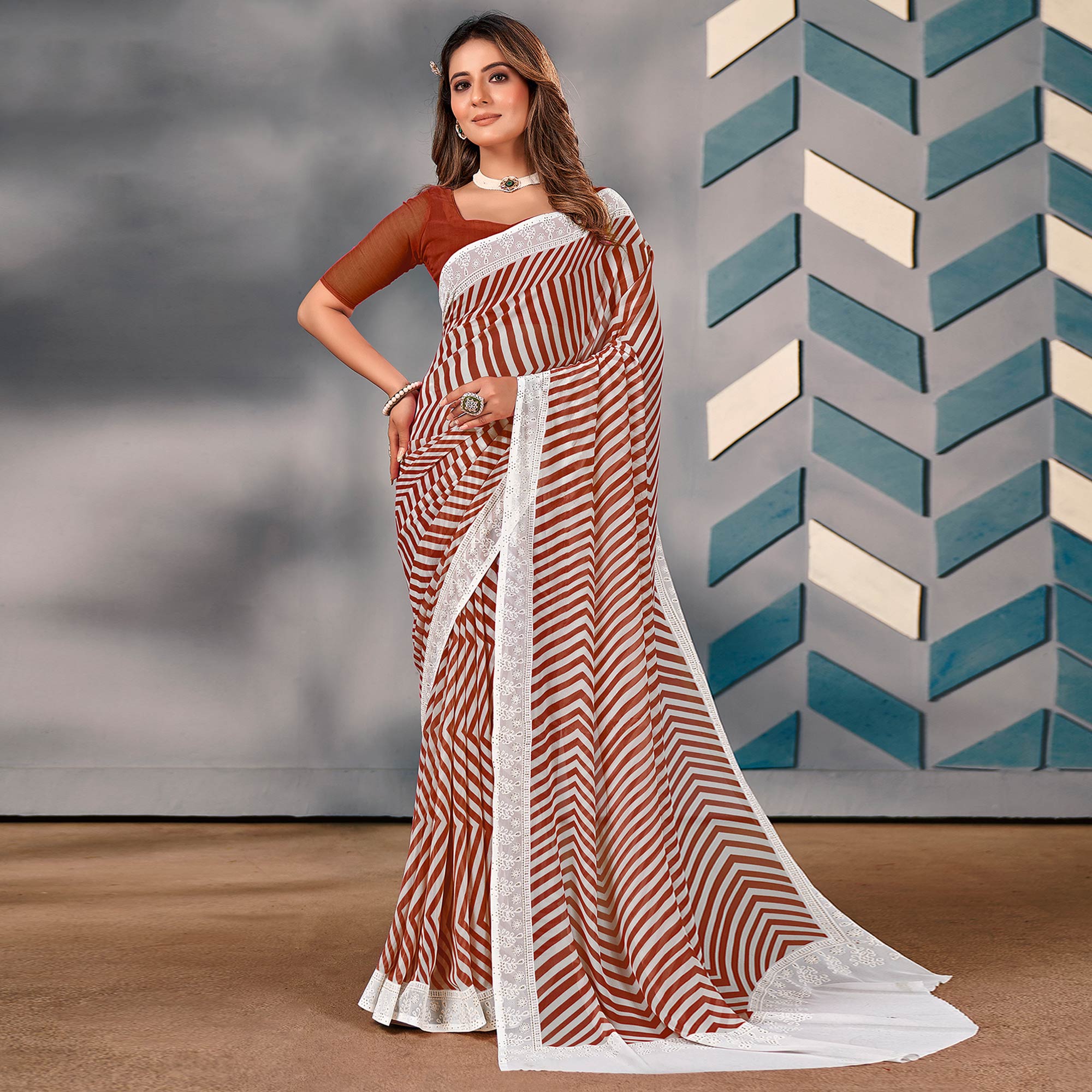 Rust Striped Printed Georgette Saree