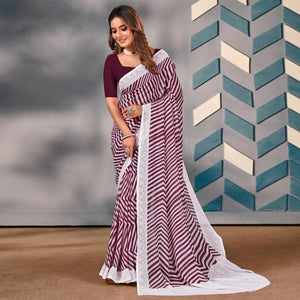 Wine Striped Printed Georgette Saree