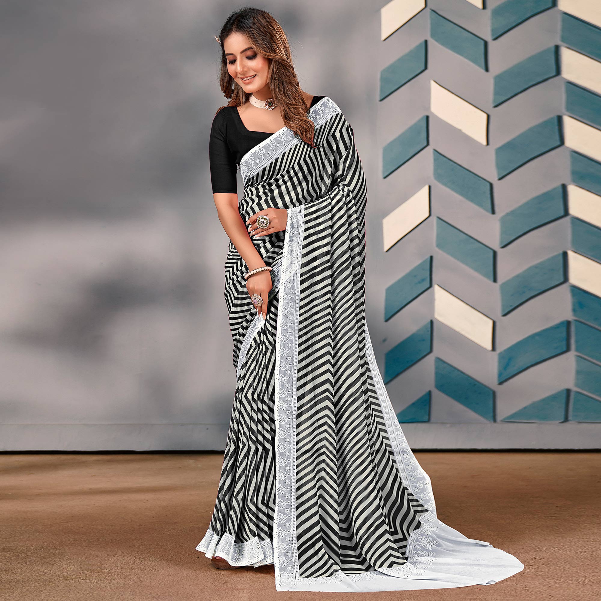 Black Striped Printed Georgette Saree
