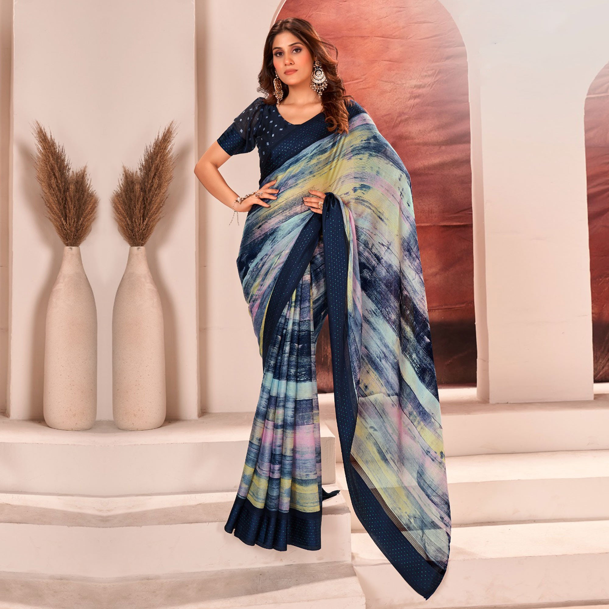 Navy Blue Ombre Printed Chiffon Saree With Satin Zari Border
