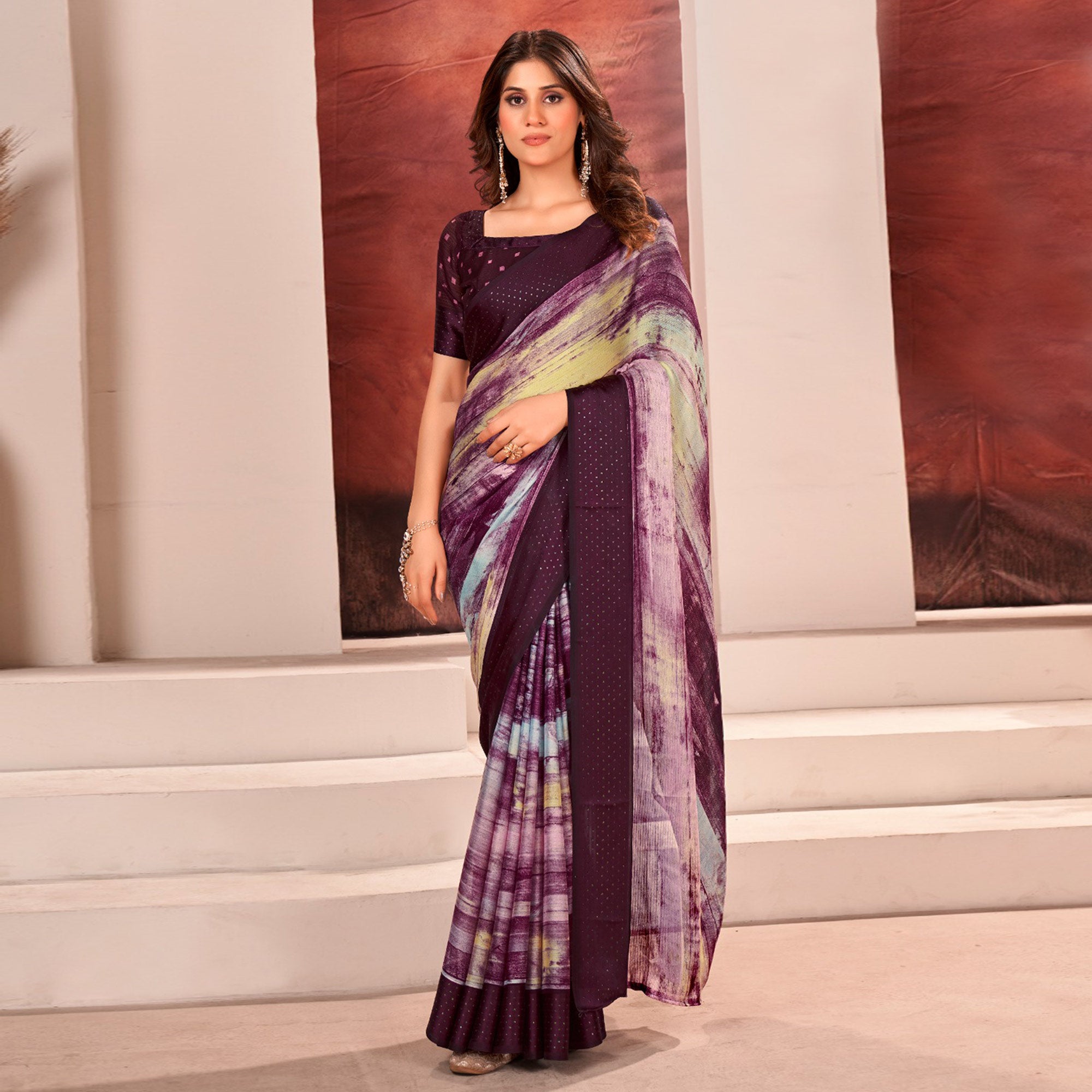 Wine Ombre Printed Chiffon Saree With Satin Zari Border