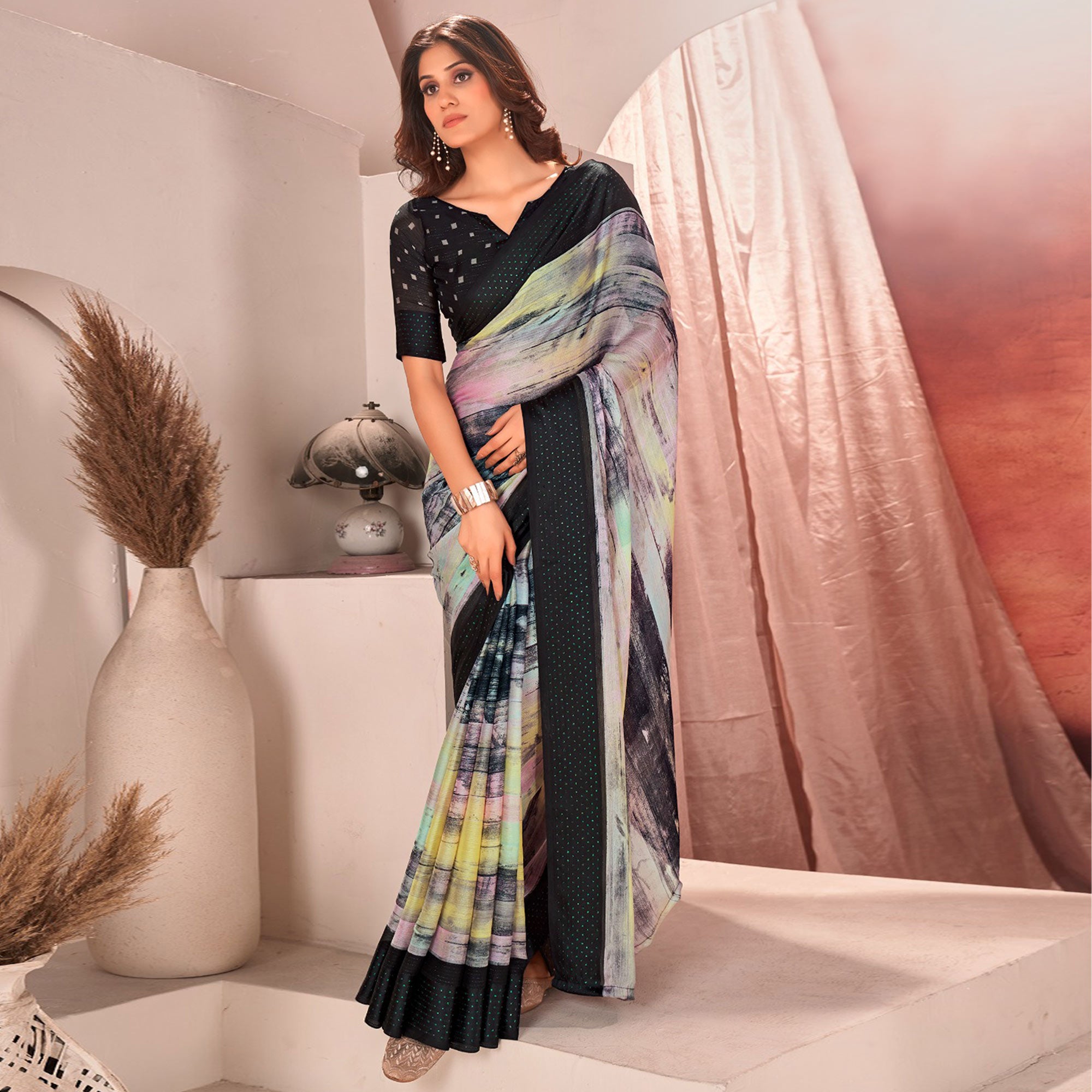 Black Ombre Printed Chiffon Saree With Satin Zari Border