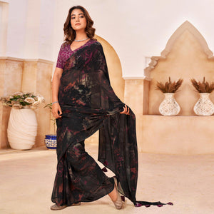 Black Floral Printed Georgette Saree With Tassels