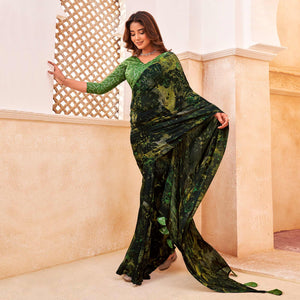 Black & Green Floral Printed Georgette Saree With Tassels