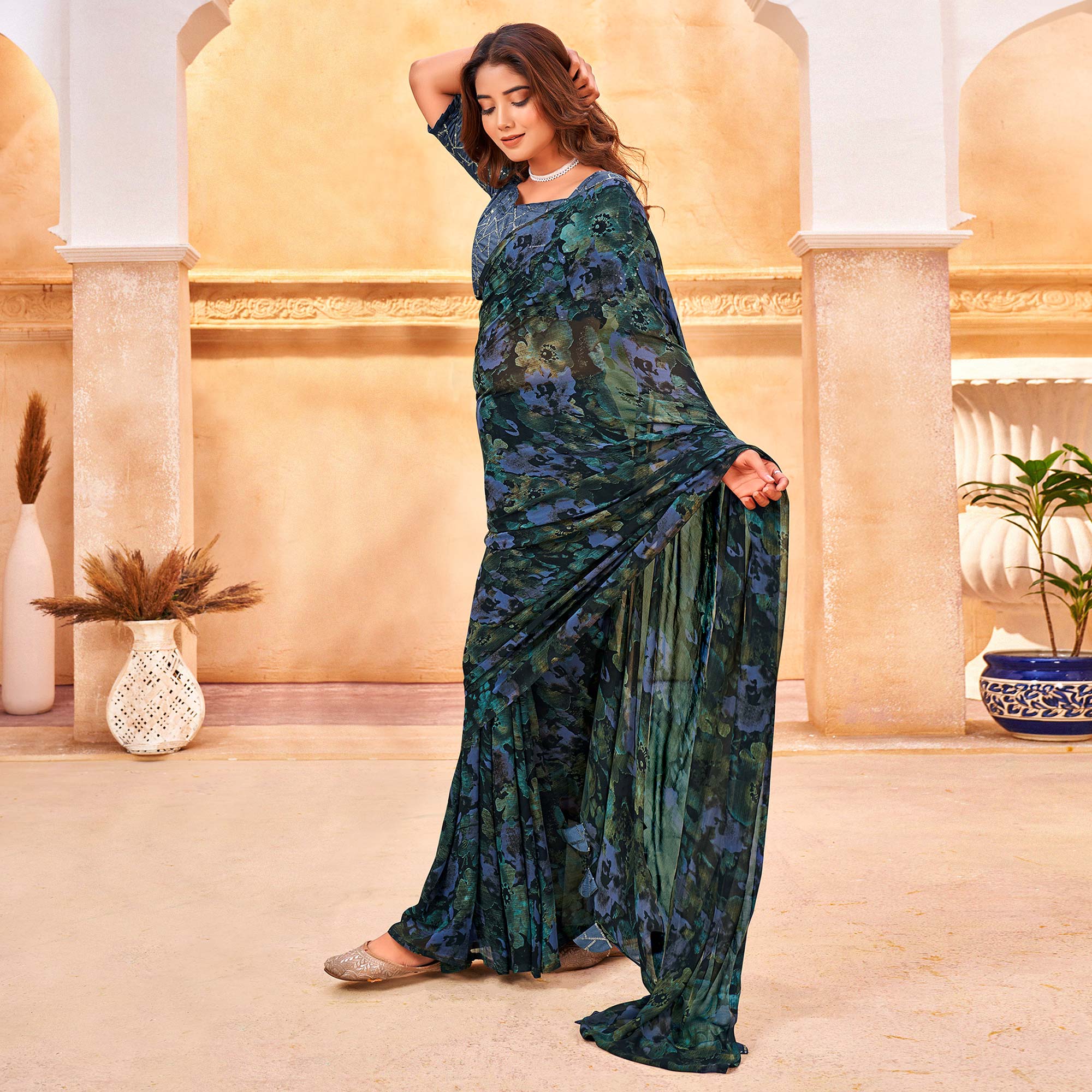 Multicolor Floral Printed Georgette Saree With Tassels
