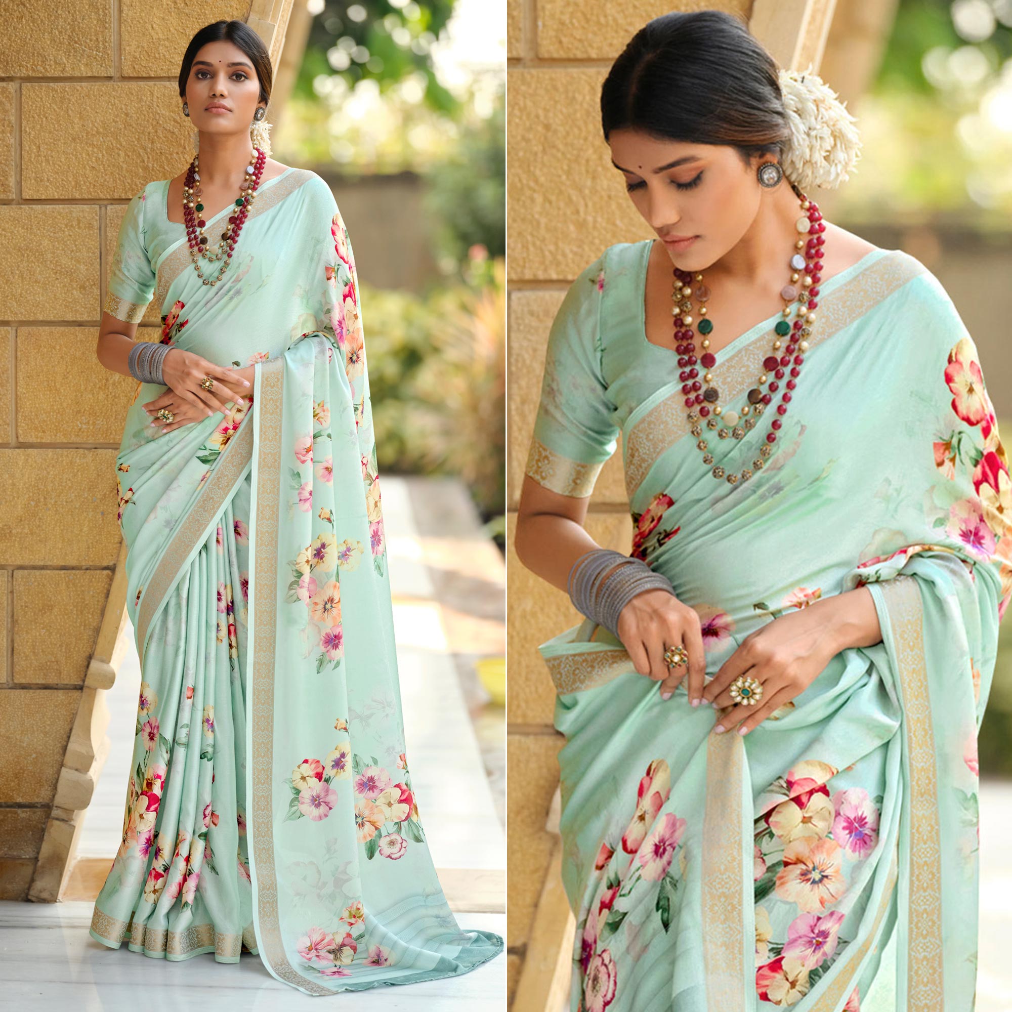 Sea Green Floral Digital Printed Viscose Saree With Zari Border