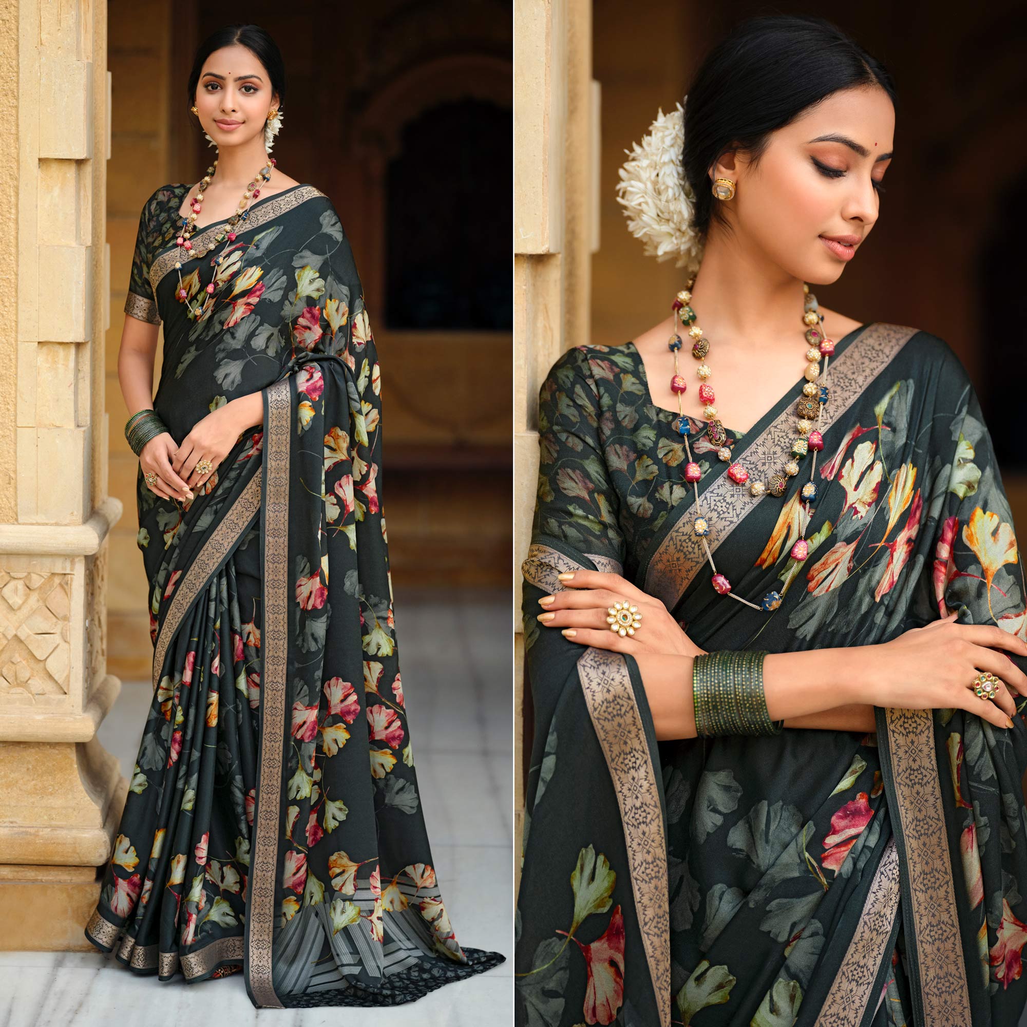 Black Floral Digital Printed Viscose Saree With Zari Border