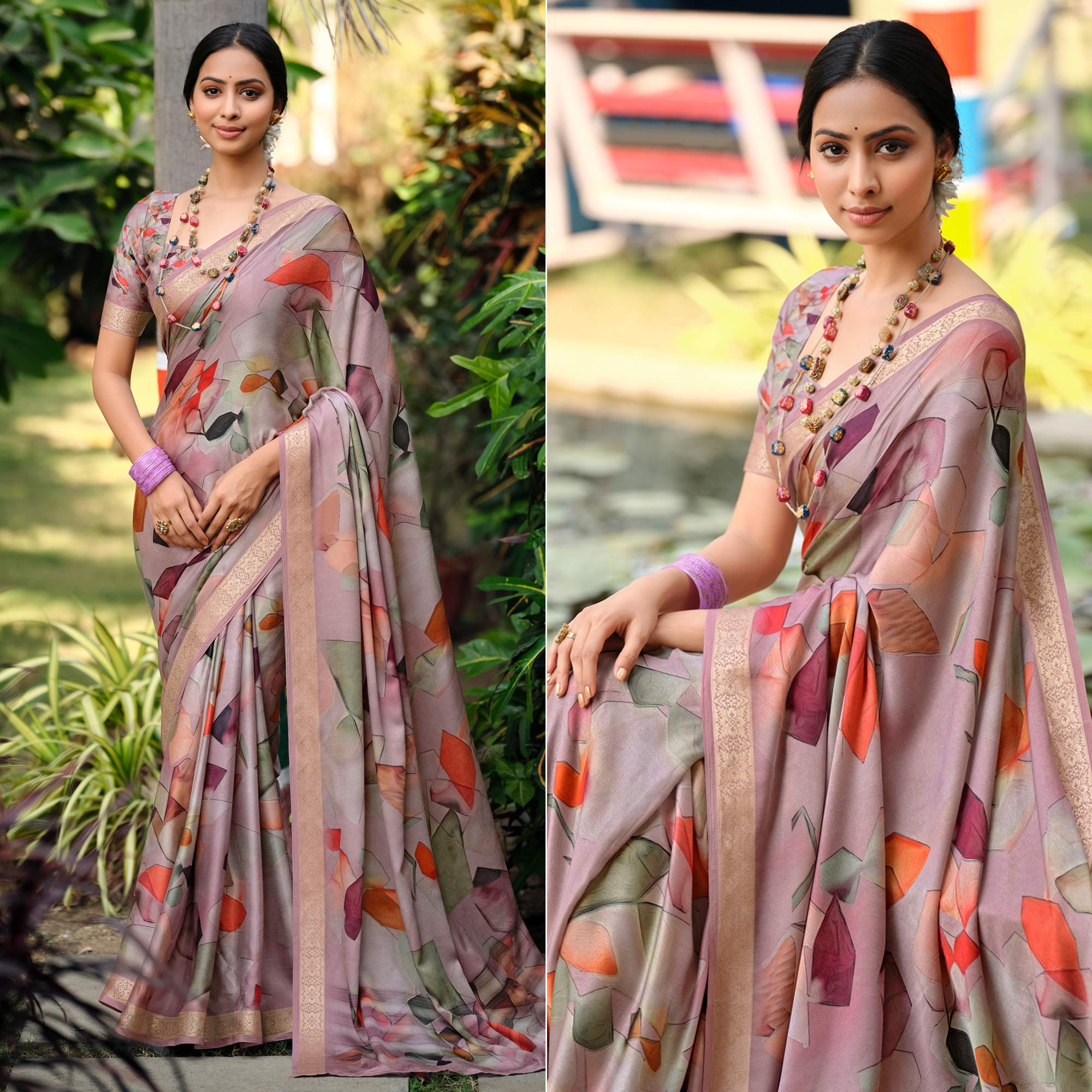 Mauve Floral Digital Printed Viscose Saree With Zari Border