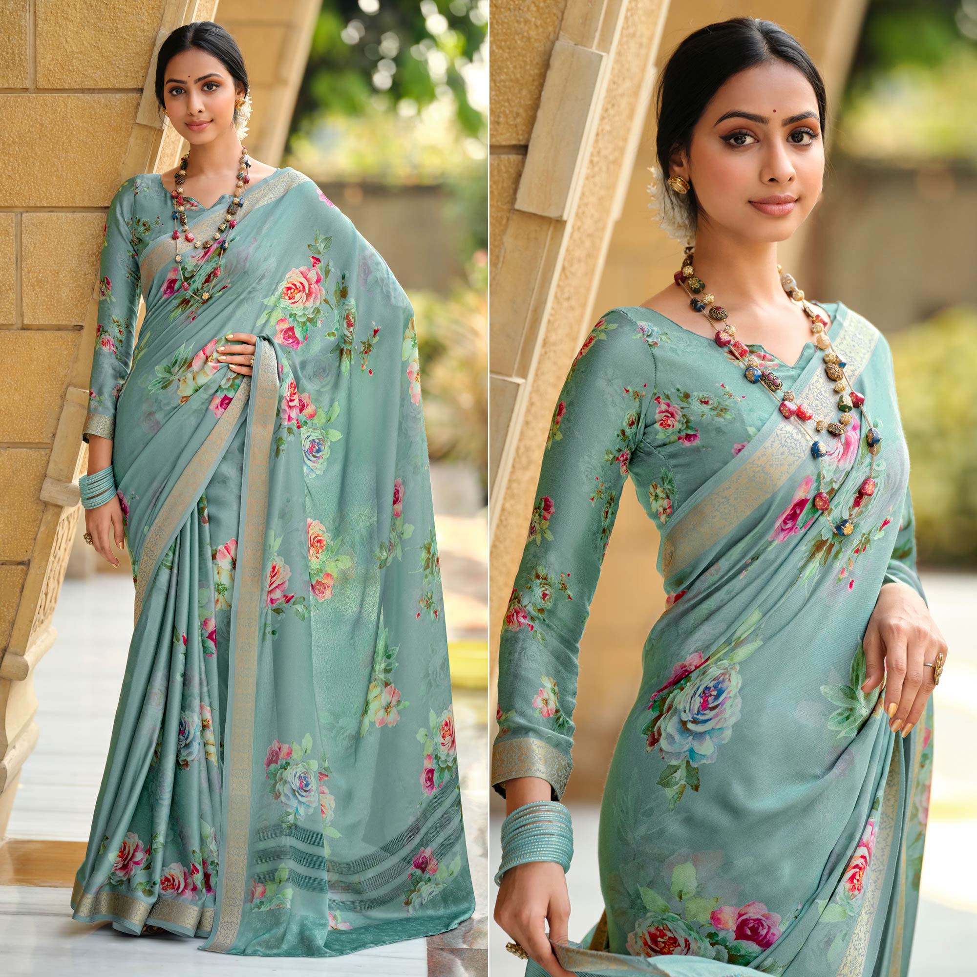 Turquoise Floral Digital Printed Viscose Saree With Zari Border