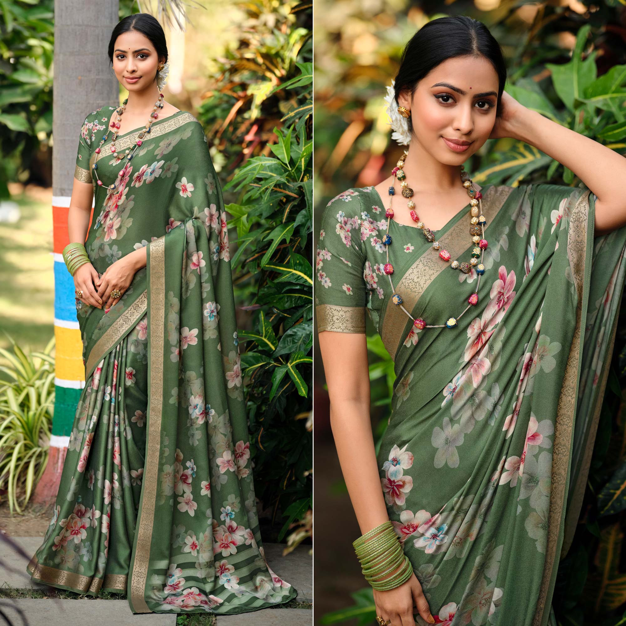 Green Floral Digital Printed Viscose Saree With Zari Border