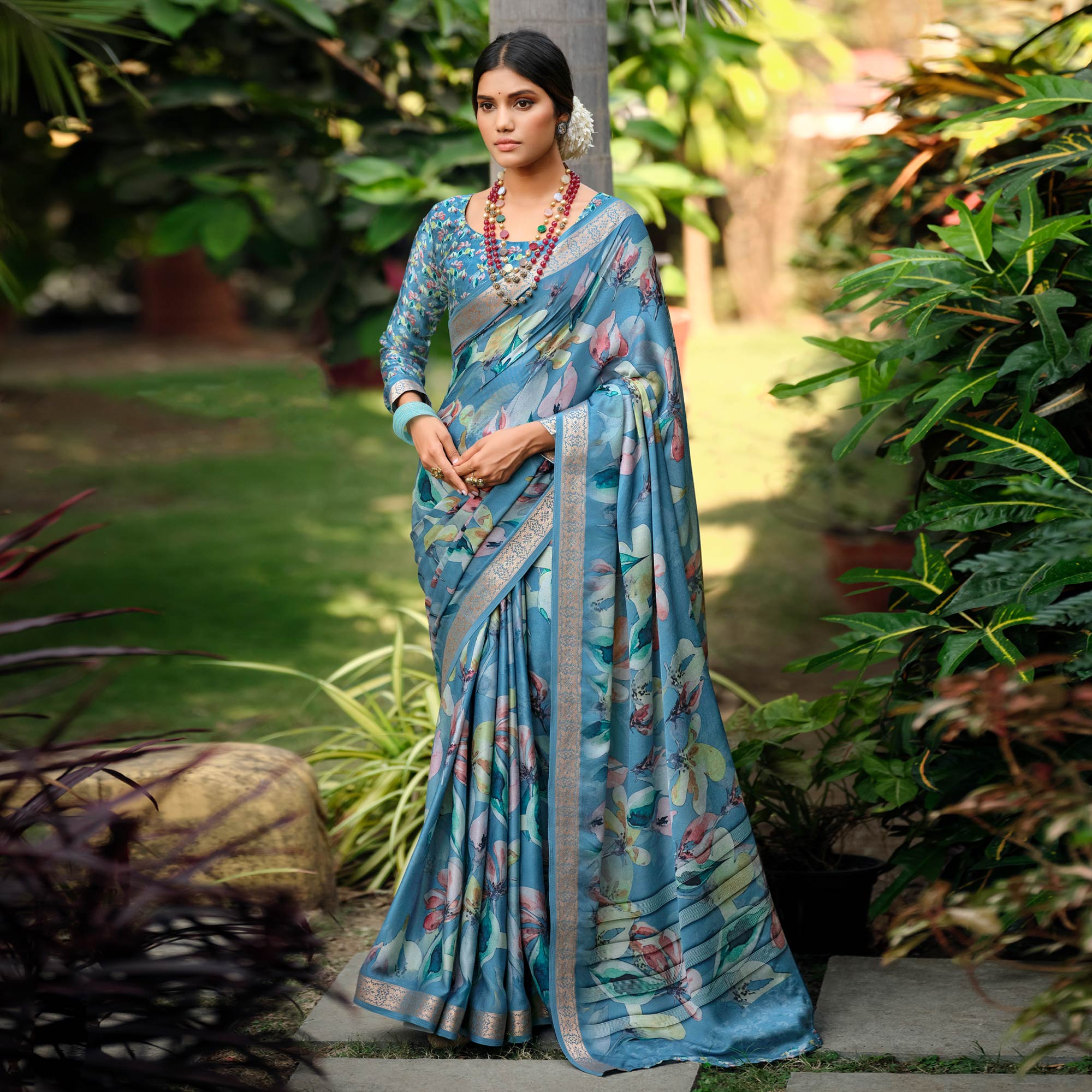 Blue Floral Digital Printed Viscose Saree With Zari Border