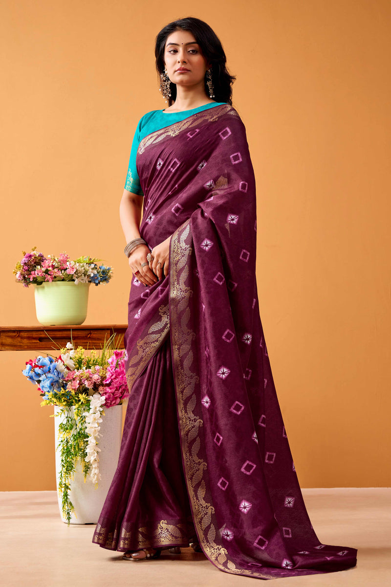 Dark Coffee, Pure Bandhini, Pure Soft Tussar Silk Saree with bandhini blouse main image 1
