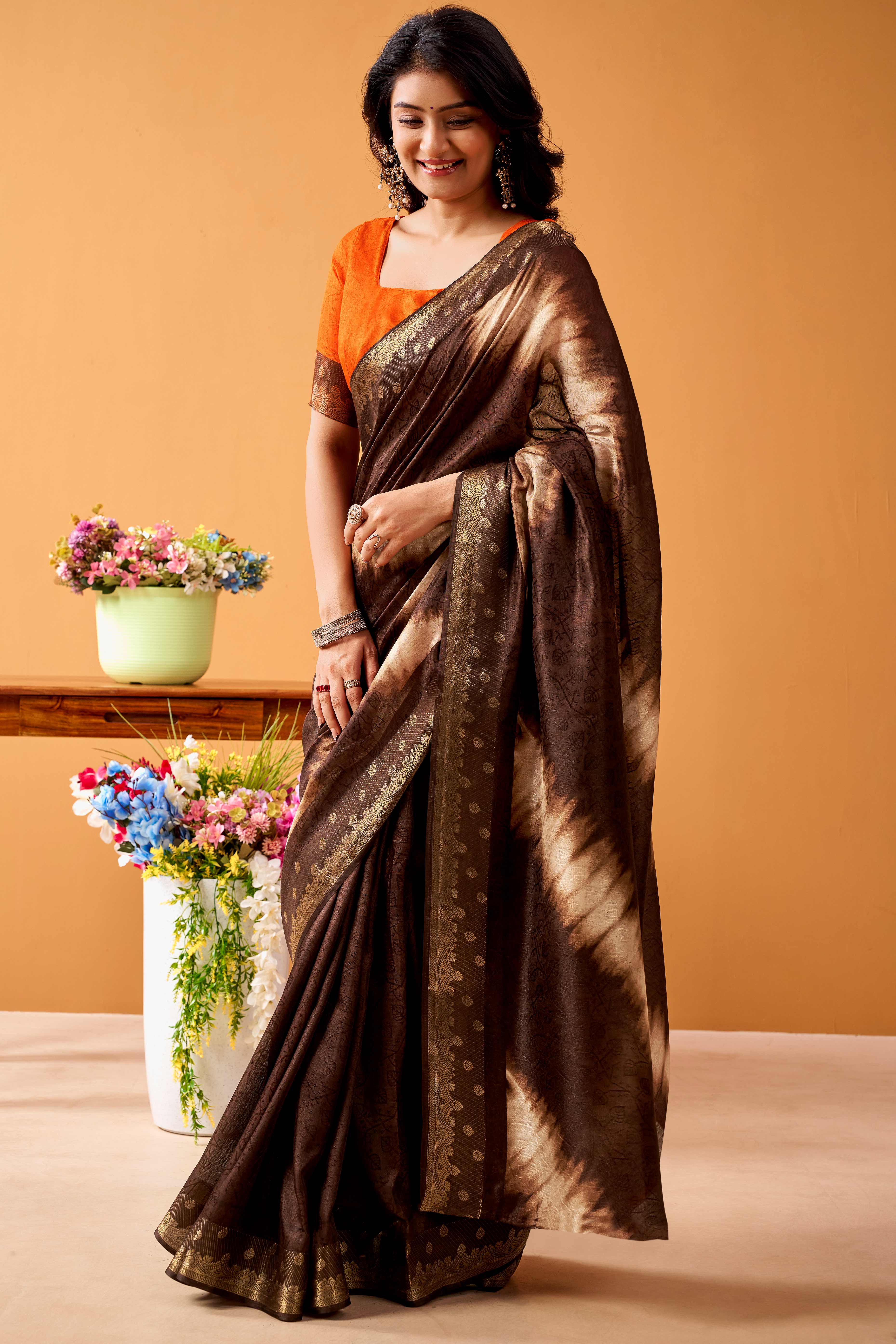 Luxurious Brown Tussar Silk Saree Featuring Traditional Abstract Print & Peacock Jacquard Border
